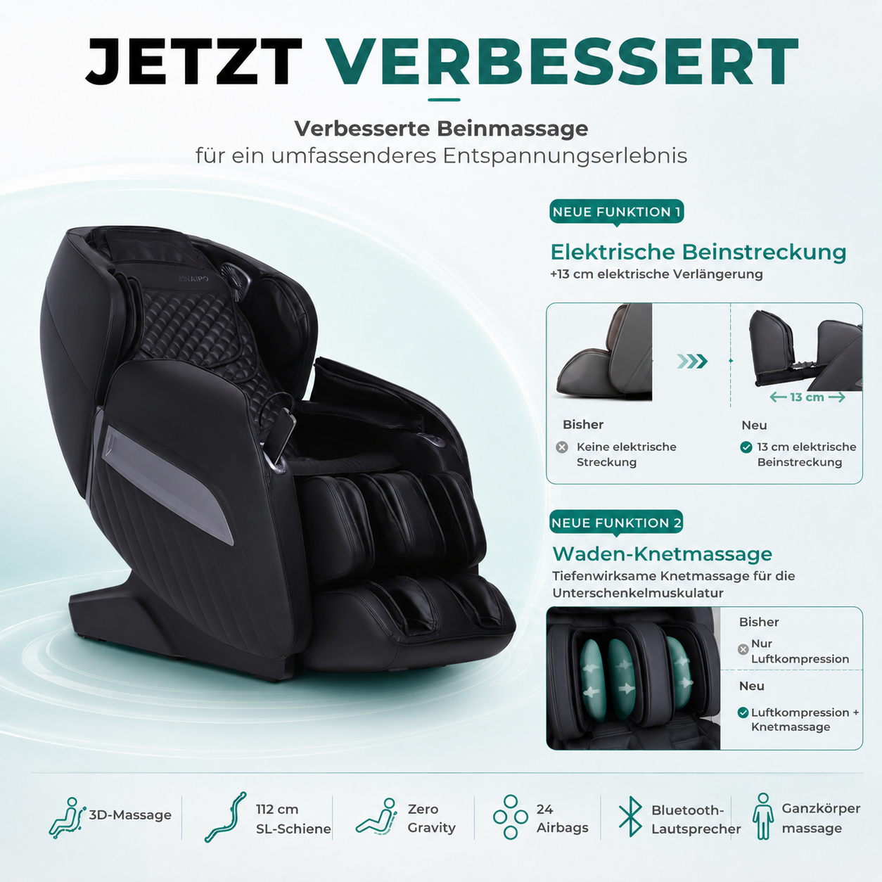 Naipo Massagesessel A350PRO 2026- 15 Automatikprogramme, Elektrische Wadenverlängerung & Wadenknetfunktion, 24 Airbags, 3D SL-Track Shiatsu Zero-Gravity Ganzkörper-Massagestuhl mit Wärmefunktion, Bluetooth & USB für Zuhause und Büro