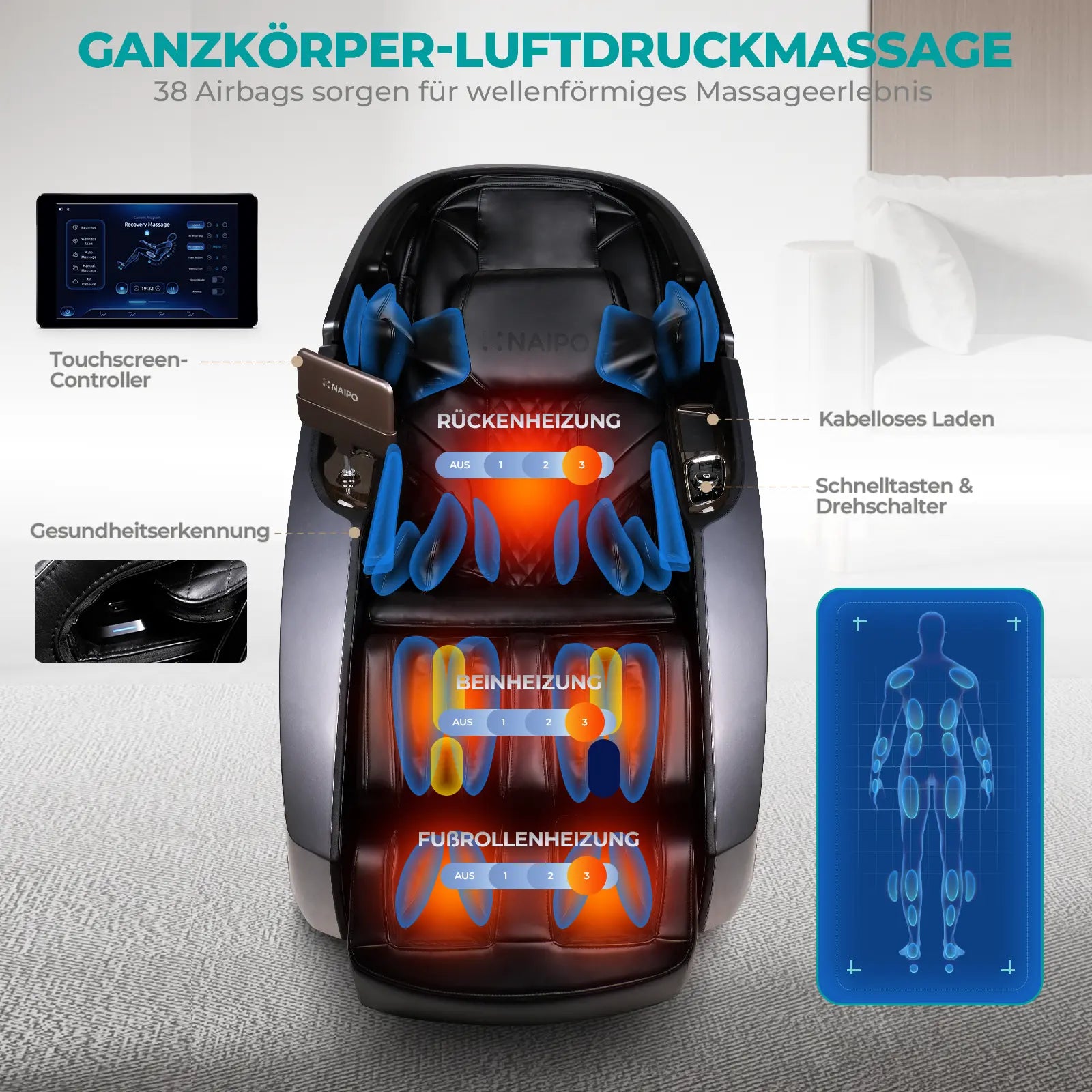 NAIPO 4D High-End Massagesessel S89, Raumkapsel-Design, Aromatherapie, Wärmetherapie, 8-Zoll-Tablet-Steuerung