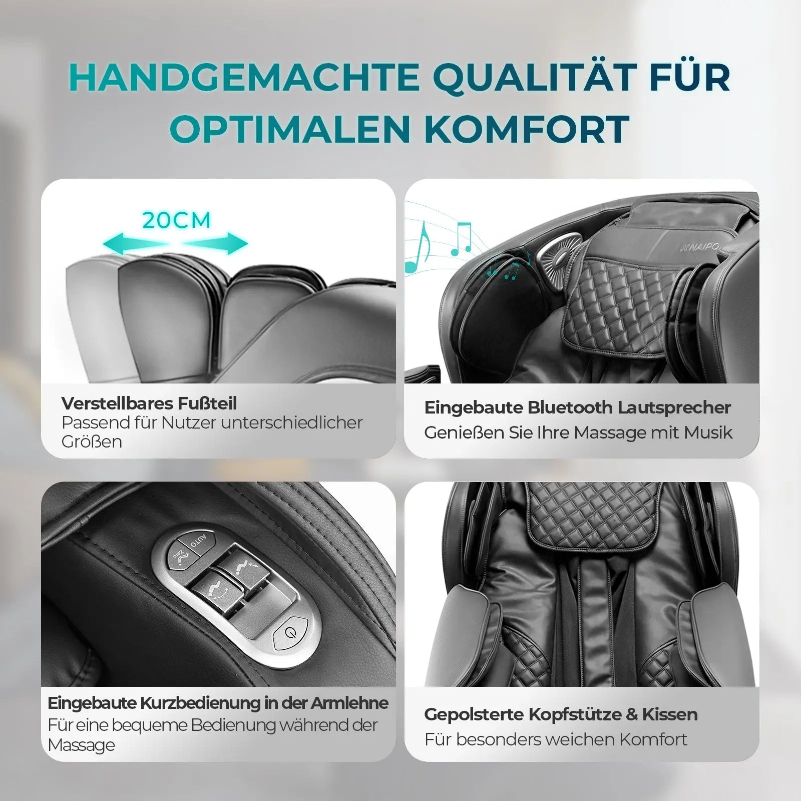 NAIPO® Premium Massagesessel mit Wärmefunktion, Zero Gravity Liegefunktion, Shiatsu, 3D Surround-Sound, Ganzkörpermassage, Körperscan, Ambient Light