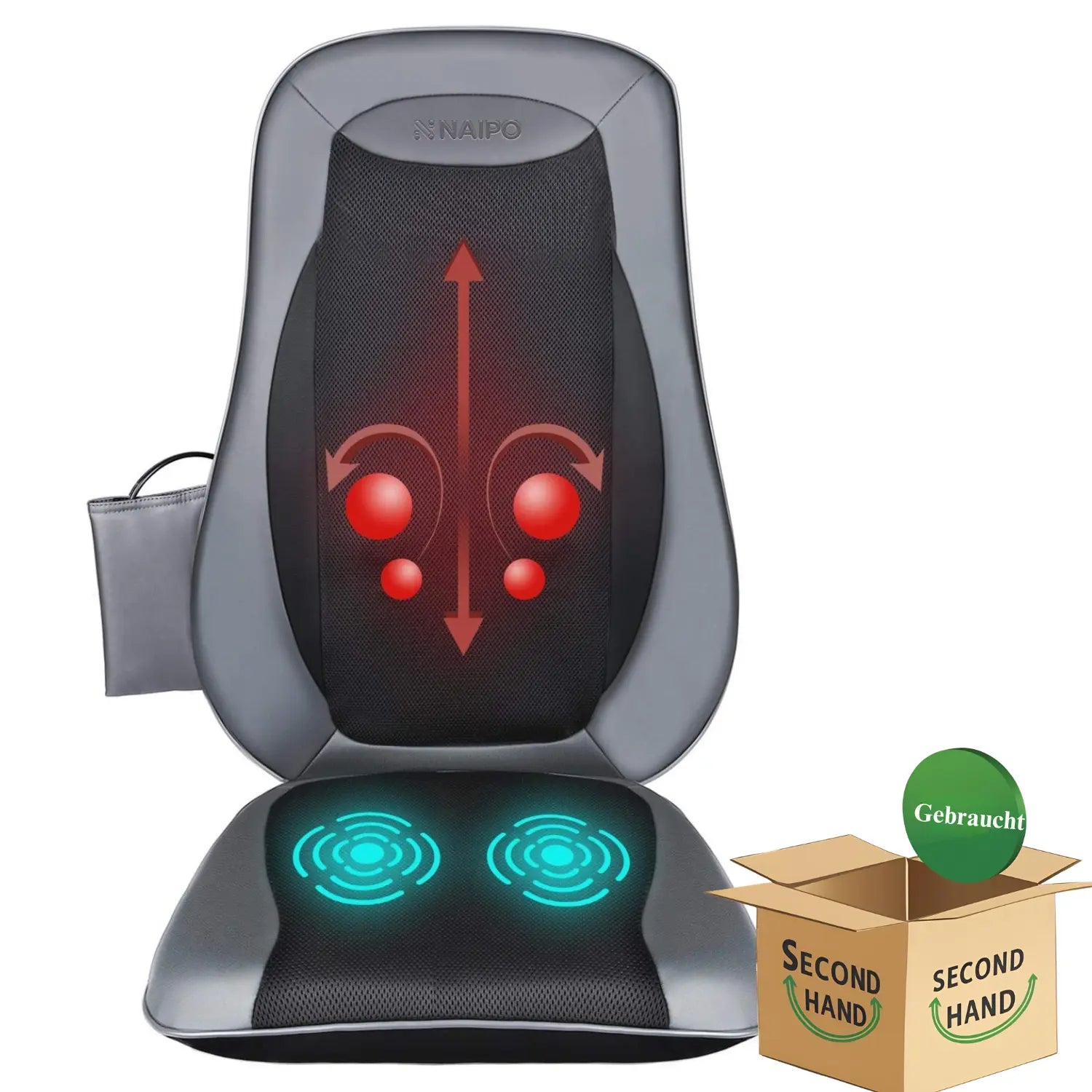 Naipo Rücken Massagegerät Massagesitzauflage mit Shiatsu Wärme Tiefenmassage Rollmassage Vibration für oberen unteren und komplett Rücken