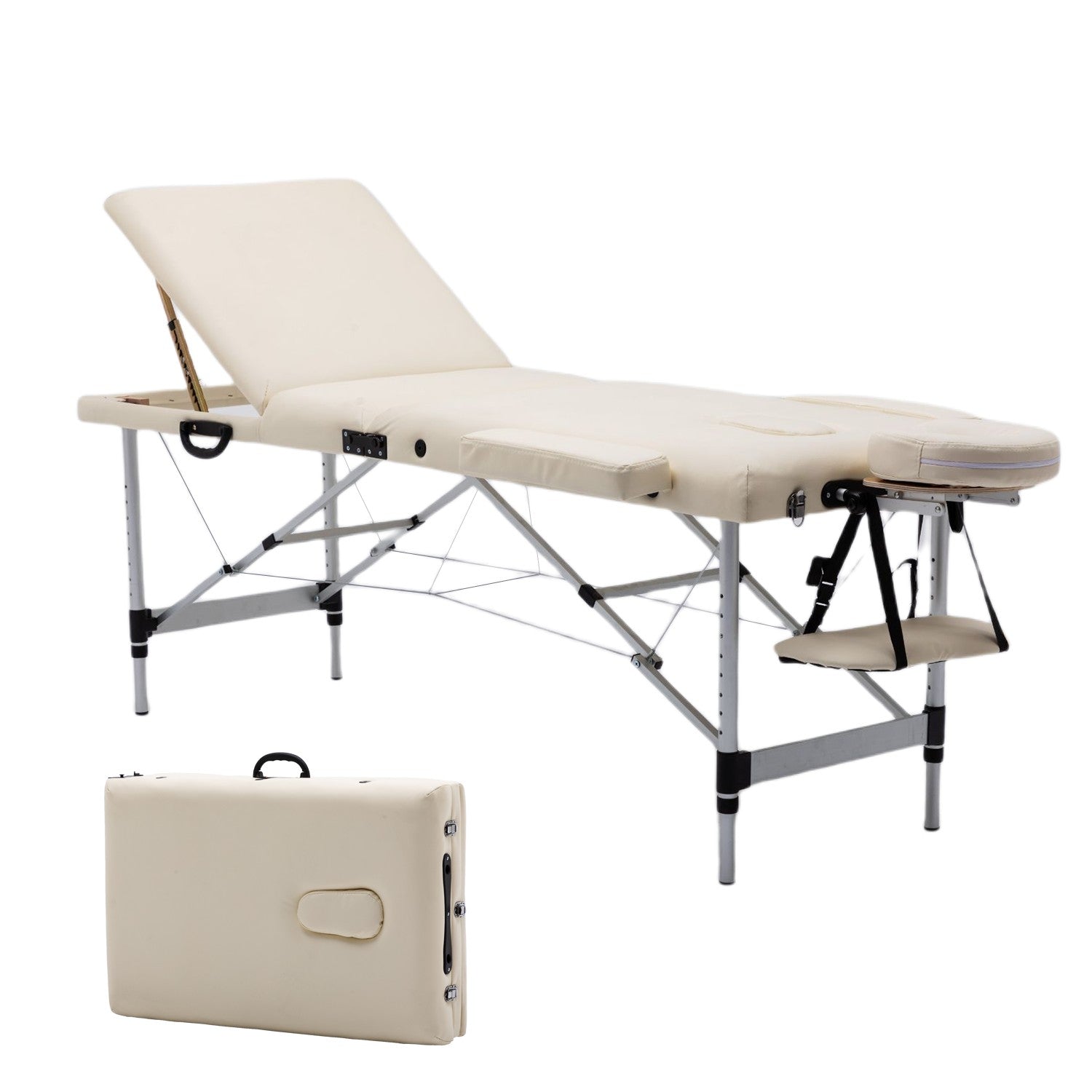 Massageliege 3-Zonen Massagetisch, höhenverstellbar, klappbar, Alu Kosmetikliege mit Premium weiches Kunstleder, inkl. Tasche mit Rollen, 185 x 60cm, TÜV GS zertifiziert
