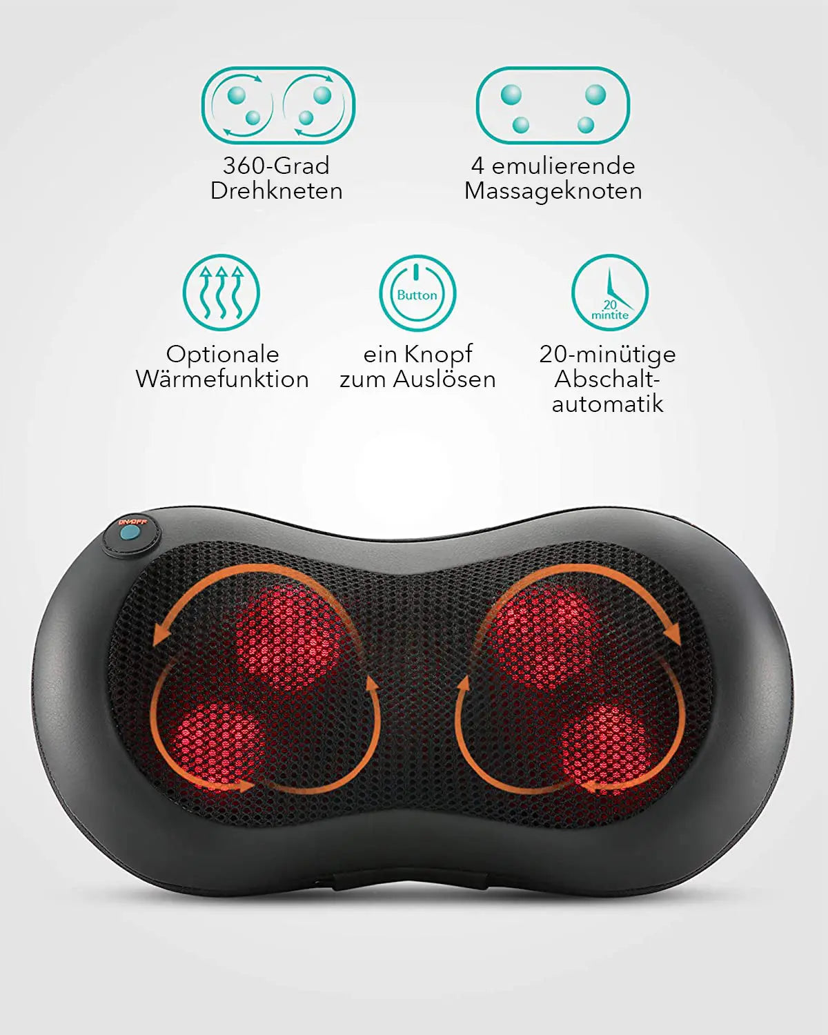 NAIPO Shiatsu Massagekissen Nacken Massagegerät mit Infrarot & Wärmefunktion, 4 3D-rotierenden Massageköpfen