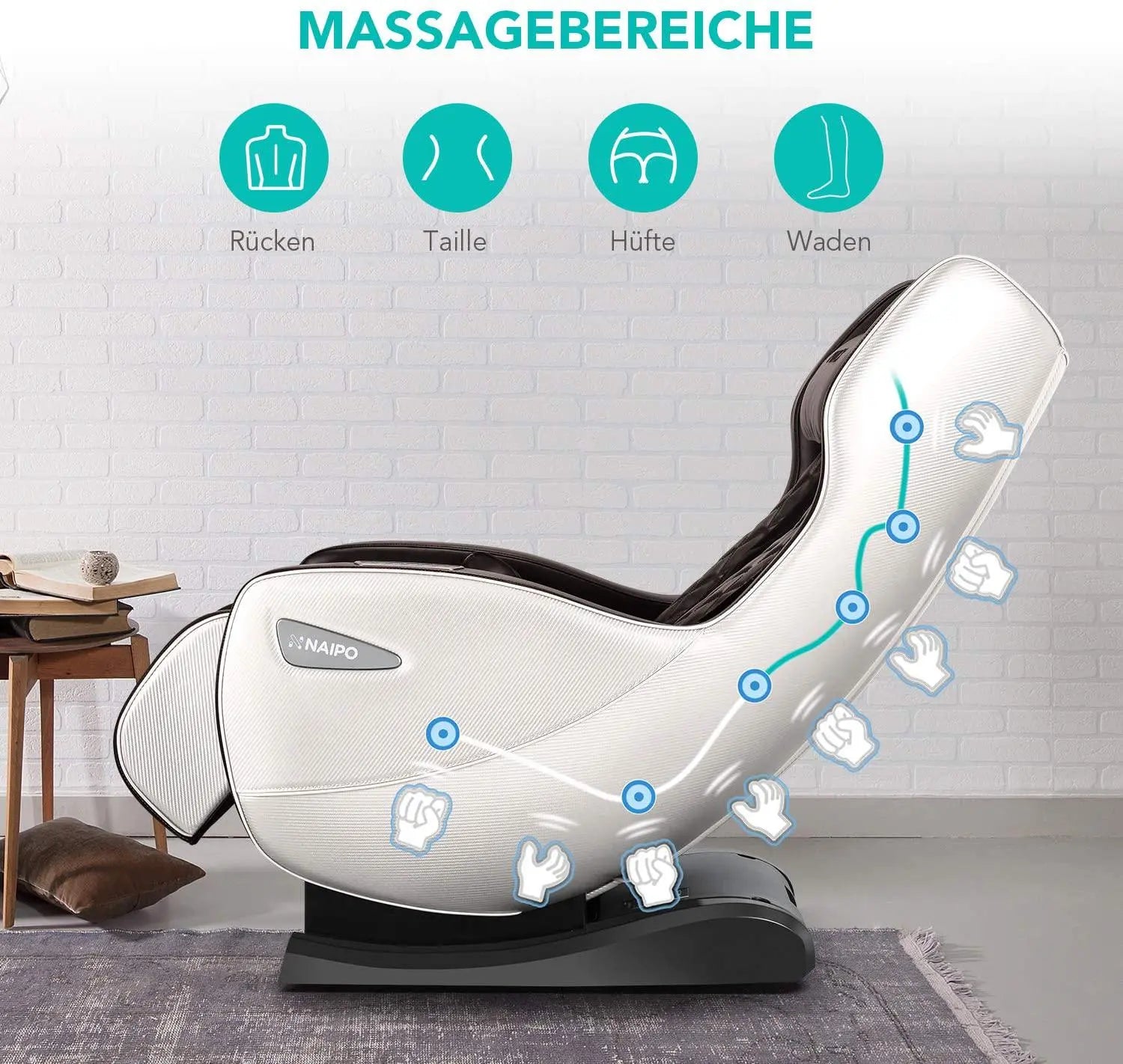 NAIPO Shiatsu Massagesessel, Design-Award, Wärmefunktion, Bluetooth, Liegefunktion, Space-Saving