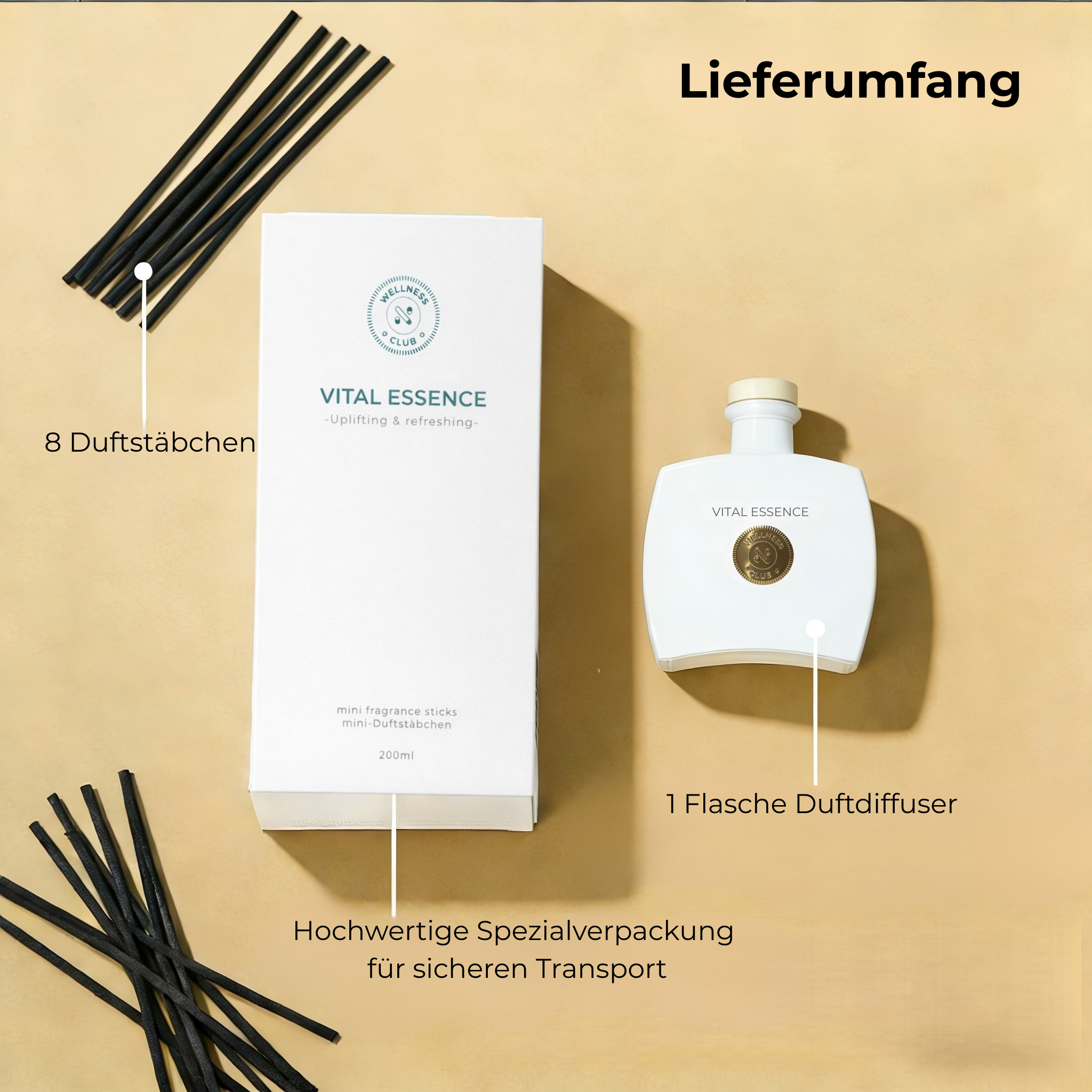Wellness Club VITAL ESSENCE Dyfuzor zapachowy z kadzidełkami o zapachu trawy cytrynowej – 200 ml – Naturalne olejki eteryczne – 8 patyczków rattanowych – Do salonu, biura, łazienki, sypialni