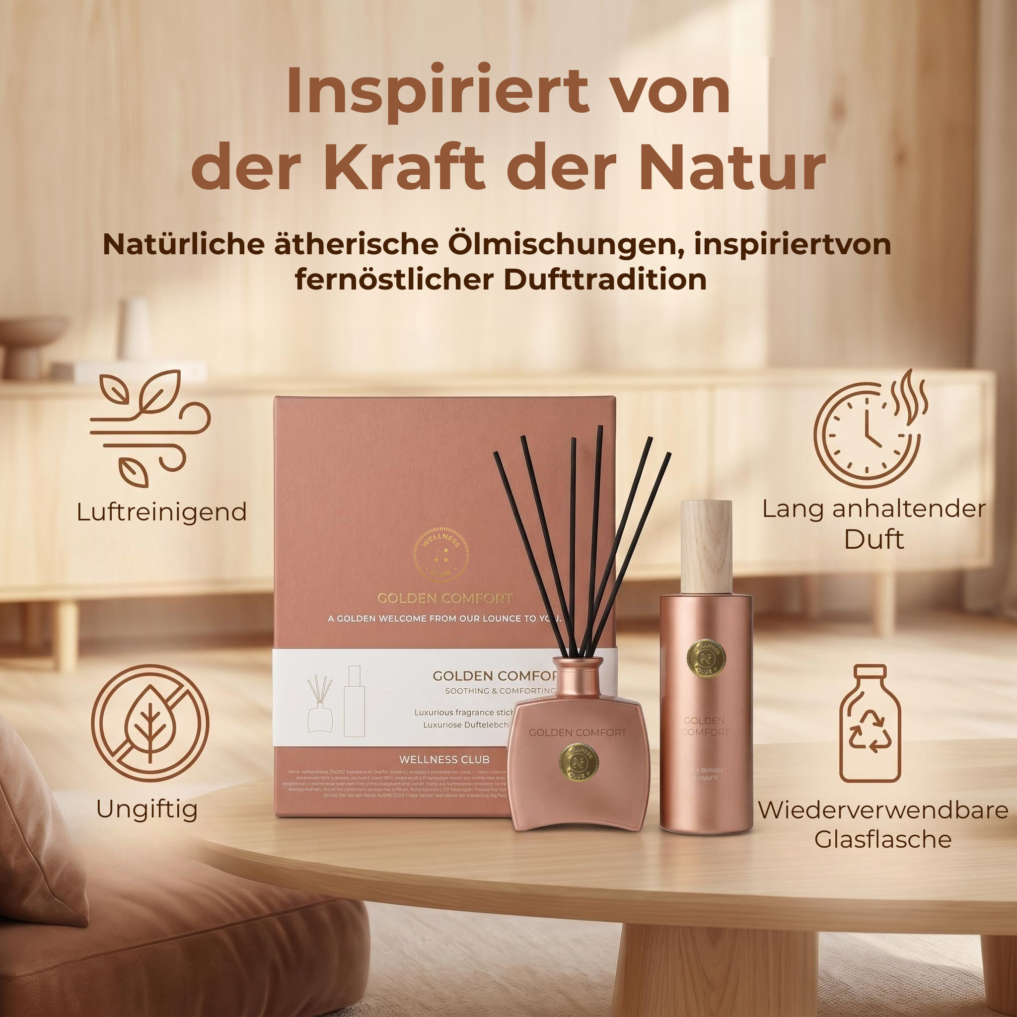 Coffret cadeau Wellness Club GOLDEN COMFORT Vanille – Diffuseur à bâtonnets 100 ml + Brume d'ambiance 200 ml – Huiles essentielles naturelles – Pour le salon, la chambre, la salle de bain et le bureau à domicile
