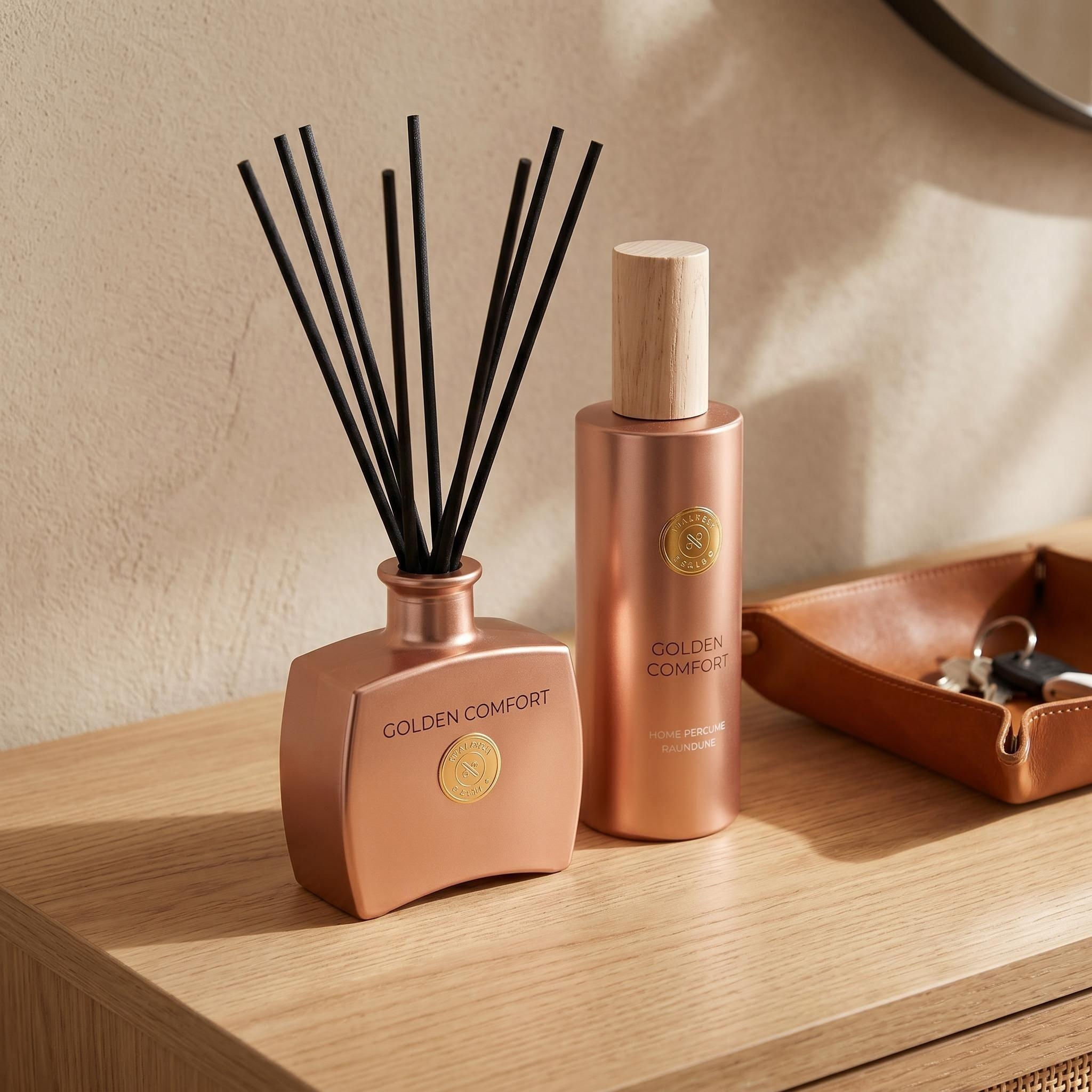 Coffret cadeau Wellness Club GOLDEN COMFORT Vanille – Diffuseur à bâtonnets 100 ml + Brume d'ambiance 200 ml – Huiles essentielles naturelles – Pour le salon, la chambre, la salle de bain et le bureau à domicile