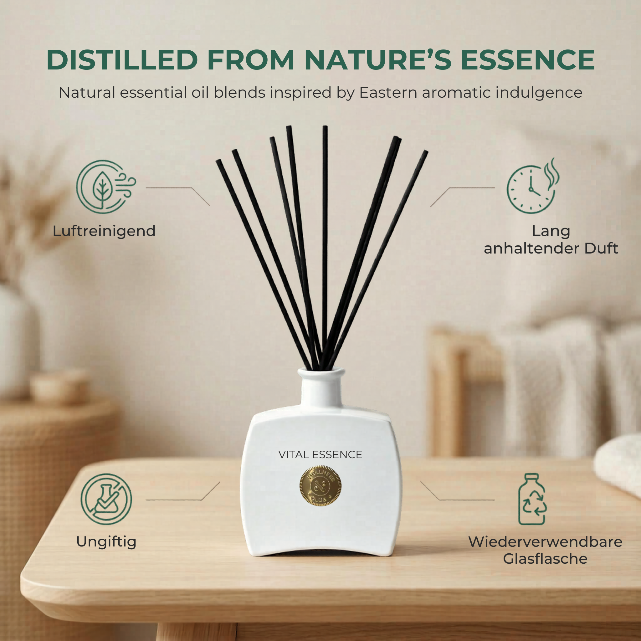 Wellness Club VITAL ESSENCE Dyfuzor zapachowy z kadzidełkami o zapachu trawy cytrynowej – 200 ml – Naturalne olejki eteryczne – 8 patyczków rattanowych – Do salonu, biura, łazienki, sypialni