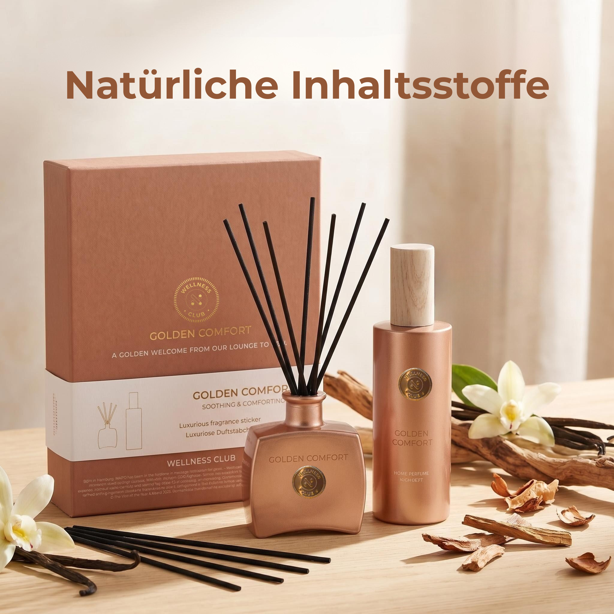 Coffret cadeau Aspria GOLDEN COMFORT Vanille – Diffuseur d'encens 100 ml + Spray parfumé 200 ml – Huiles essentielles naturelles – Pour salon, chambre, salle de bain, bureau