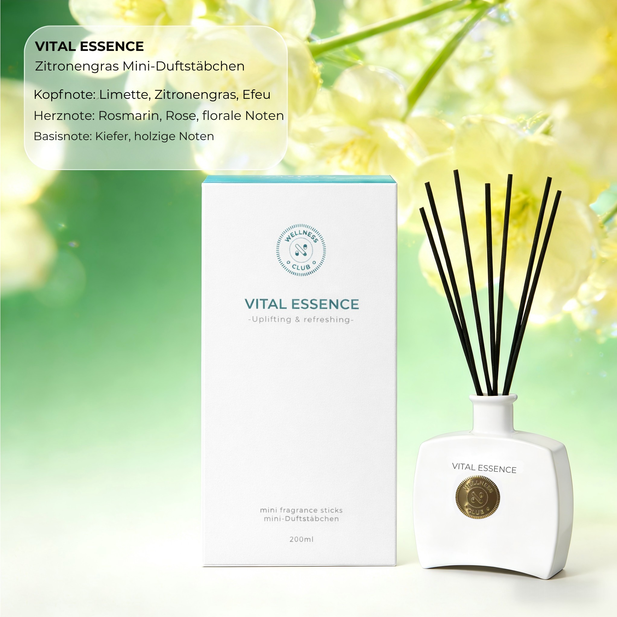 Wellness Club VITAL ESSENCE Dyfuzor zapachowy z kadzidełkami o zapachu trawy cytrynowej – 200 ml – Naturalne olejki eteryczne – 8 patyczków rattanowych – Do salonu, biura, łazienki, sypialni