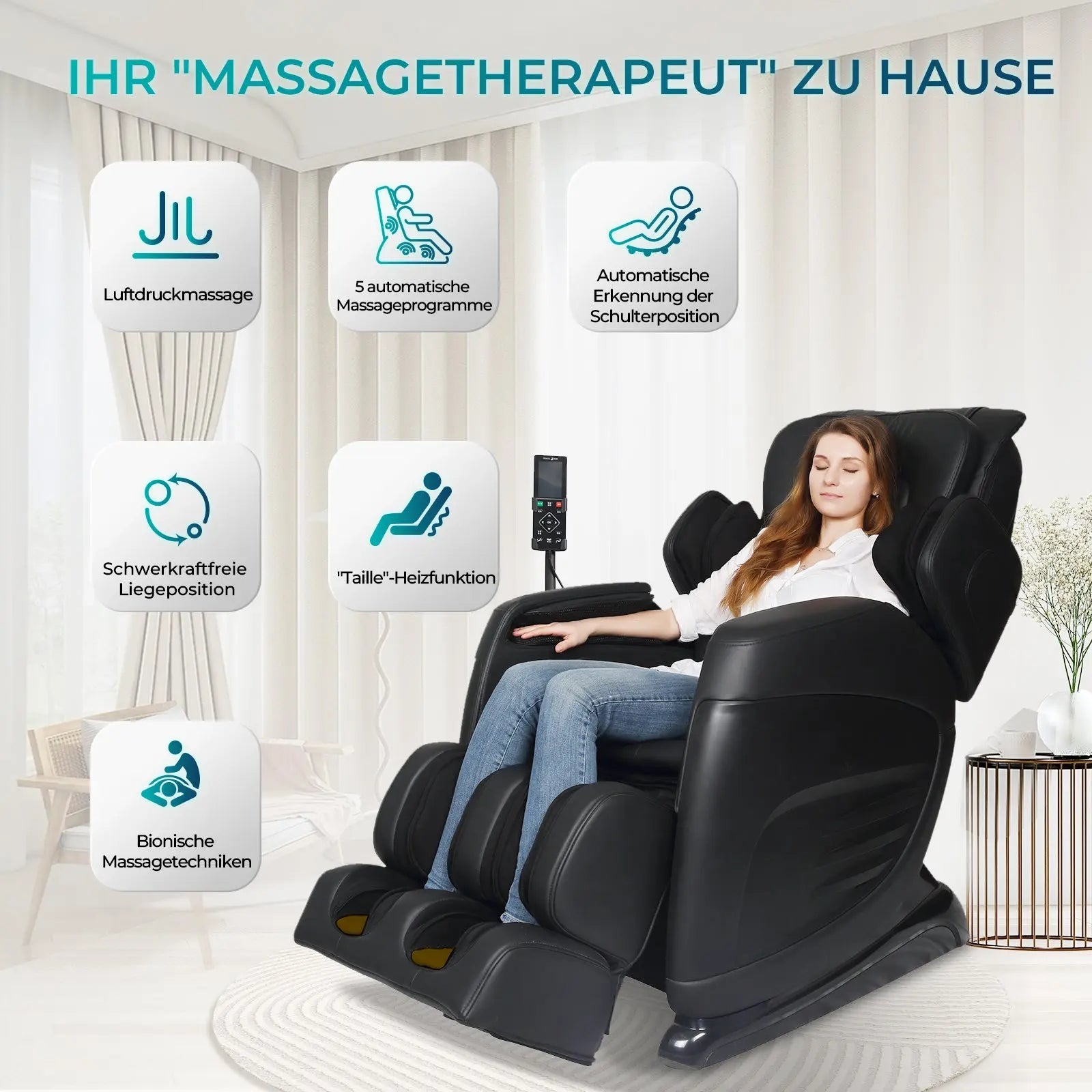 Aspria by NAIPO Massagesessel mit Liegefunktion "Classic-Comfort" Shiatsu mit Wärmefunktion, Zero-Gravity, Ganzkörpermassage