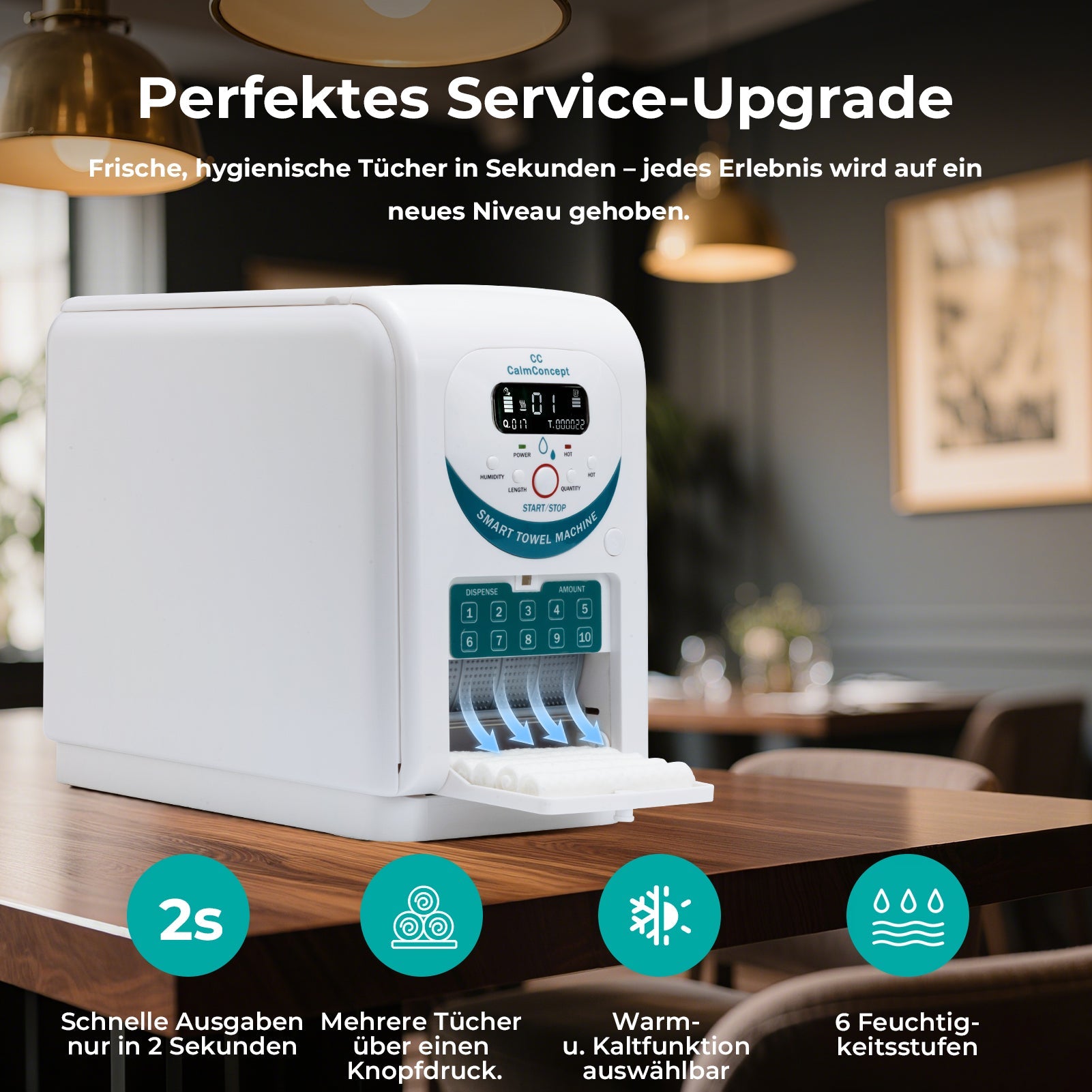 Dispensador de toallas calientes CalmConcept® con función de humidificación y calentamiento (hasta 60 °C), pantalla LED, dispensación rápida en 2 segundos, calentador de toallas desechable higiénico para spa, salón de belleza, restaurante y hogar, modelo A