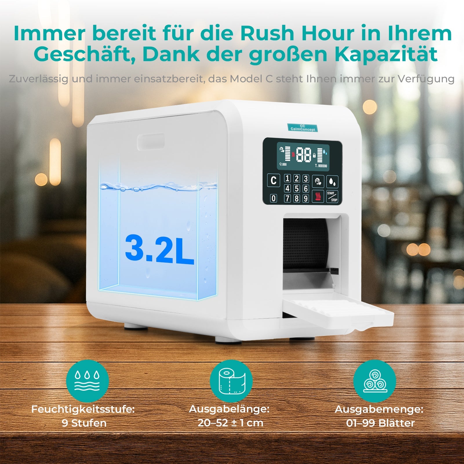 Dispensador de toallas calientes CalmConcept® con función de humidificación y calentamiento (hasta 60 °C), pantalla LED, dispensación rápida en 2 segundos, calentador de toallas desechable higiénico para spa, salón de belleza y restaurante, modelo C