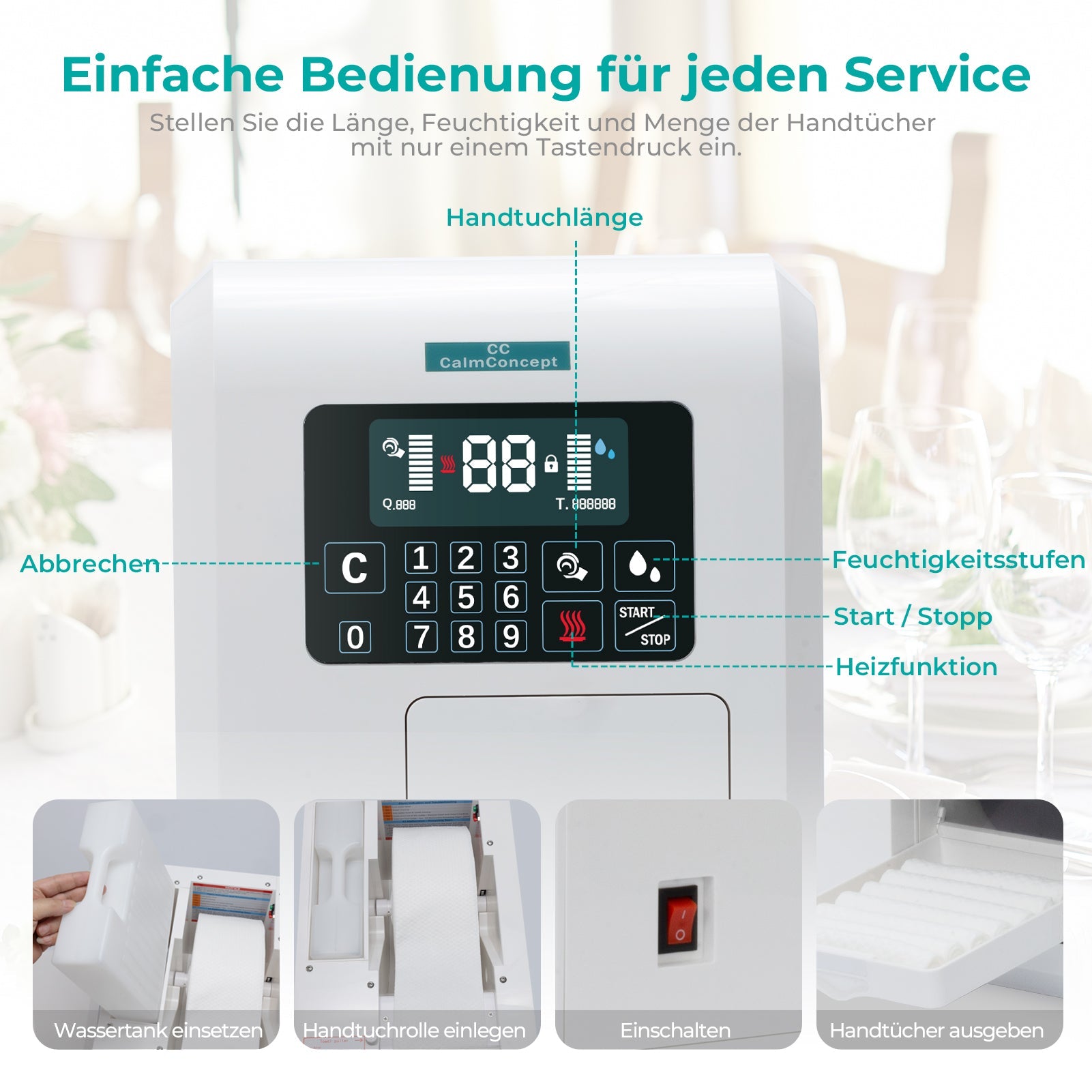 Dispensador de toallas calientes CalmConcept® con función de humidificación y calentamiento (hasta 60 °C), pantalla LED, dispensación rápida en 2 segundos, calentador de toallas desechable higiénico para spa, salón de belleza y restaurante, modelo C