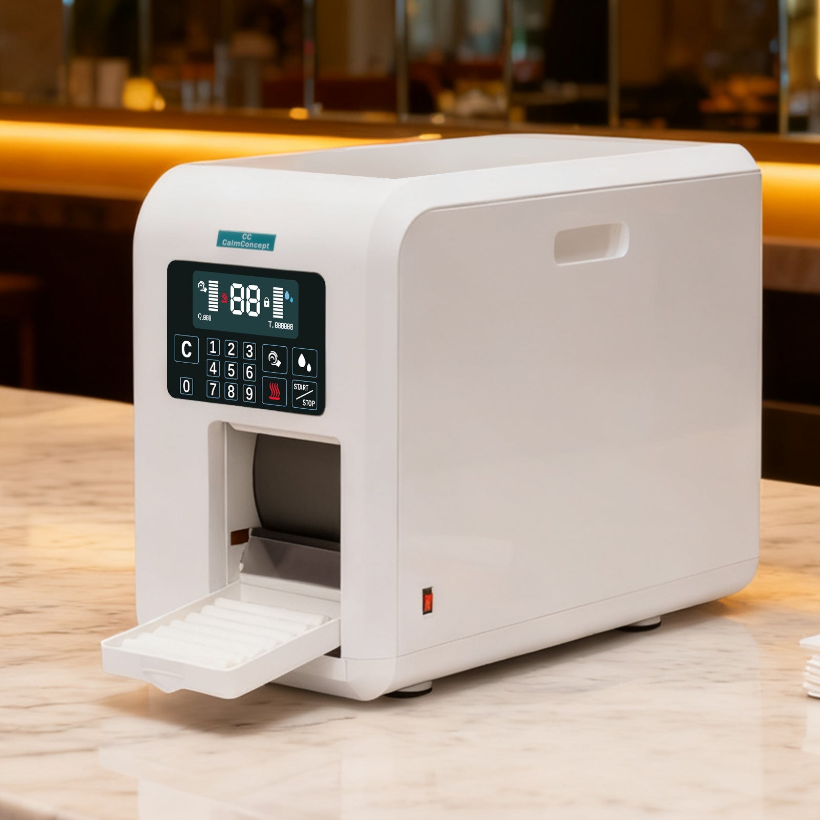Dispensador de toallas calientes CalmConcept® con función de humidificación y calentamiento (hasta 60 °C), pantalla LED, dispensación rápida en 2 segundos, calentador de toallas desechable higiénico para spa, salón de belleza y restaurante, modelo C