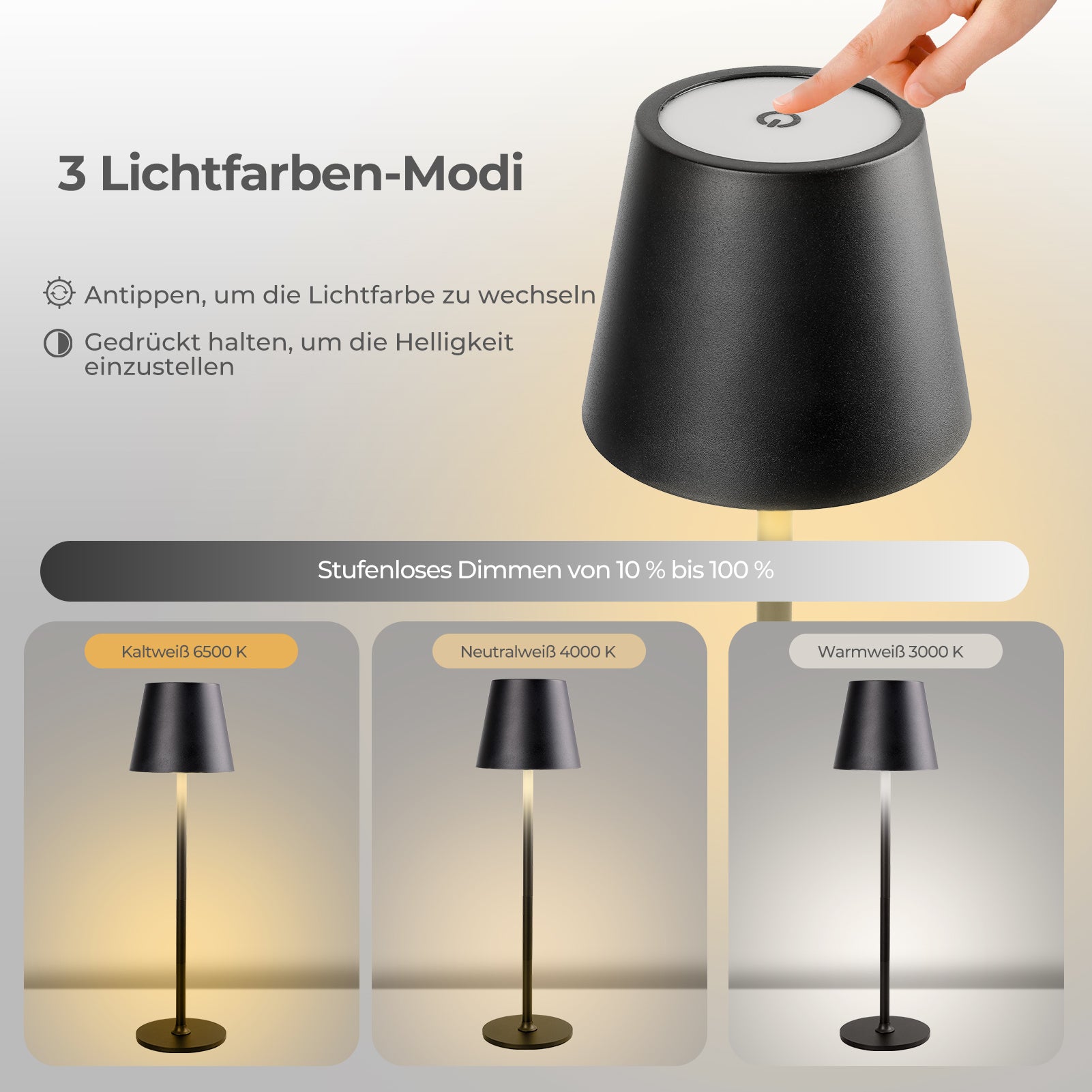 Lampe de table LED rechargeable – Intensité variable et commande tactile – 3 modes de température de couleur – Hauteur réglable – Idéale pour la chambre, le salon, le bureau et le restaurant