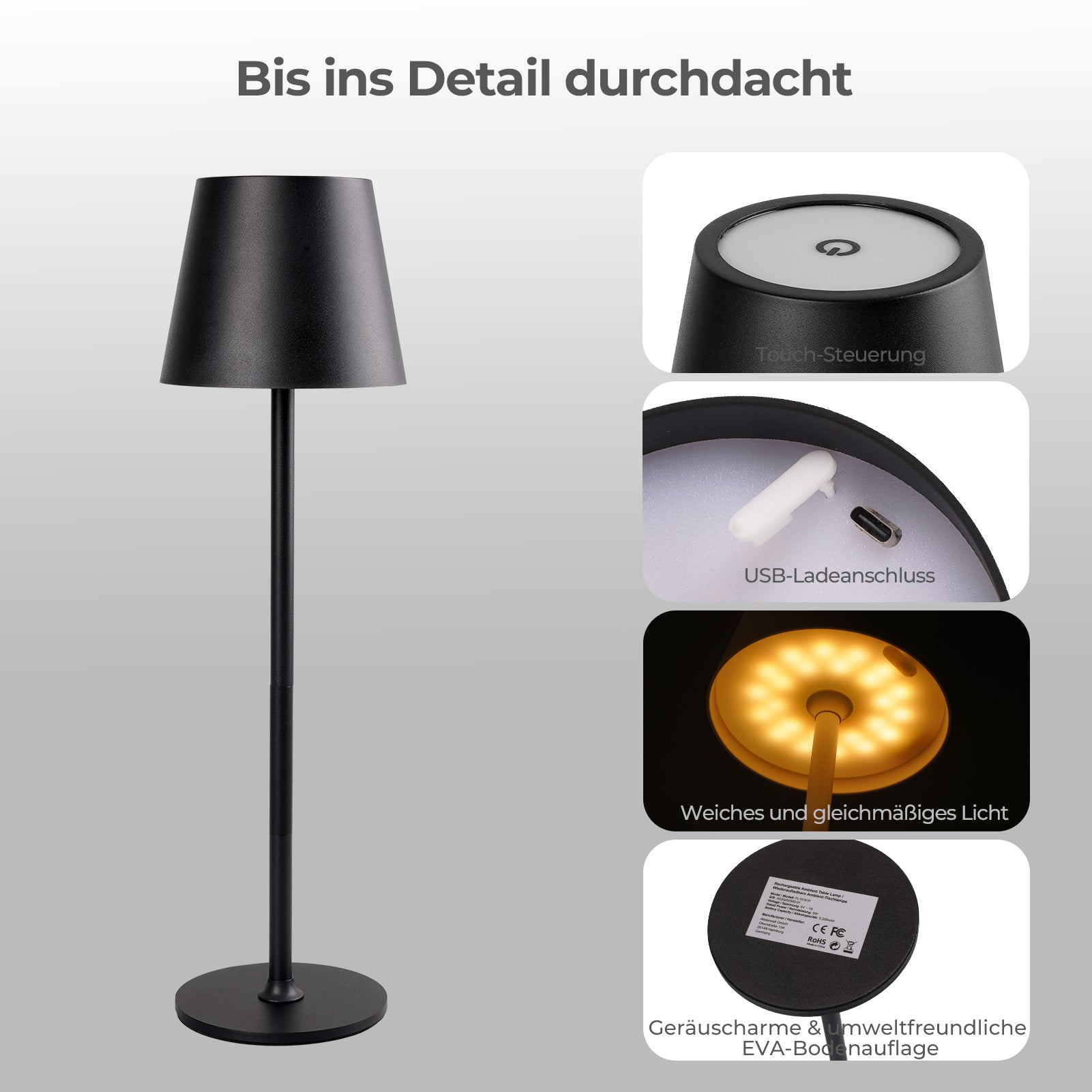 Lampe de table LED rechargeable – Intensité variable et commande tactile – 3 modes de température de couleur – Hauteur réglable – Idéale pour la chambre, le salon, le bureau et le restaurant