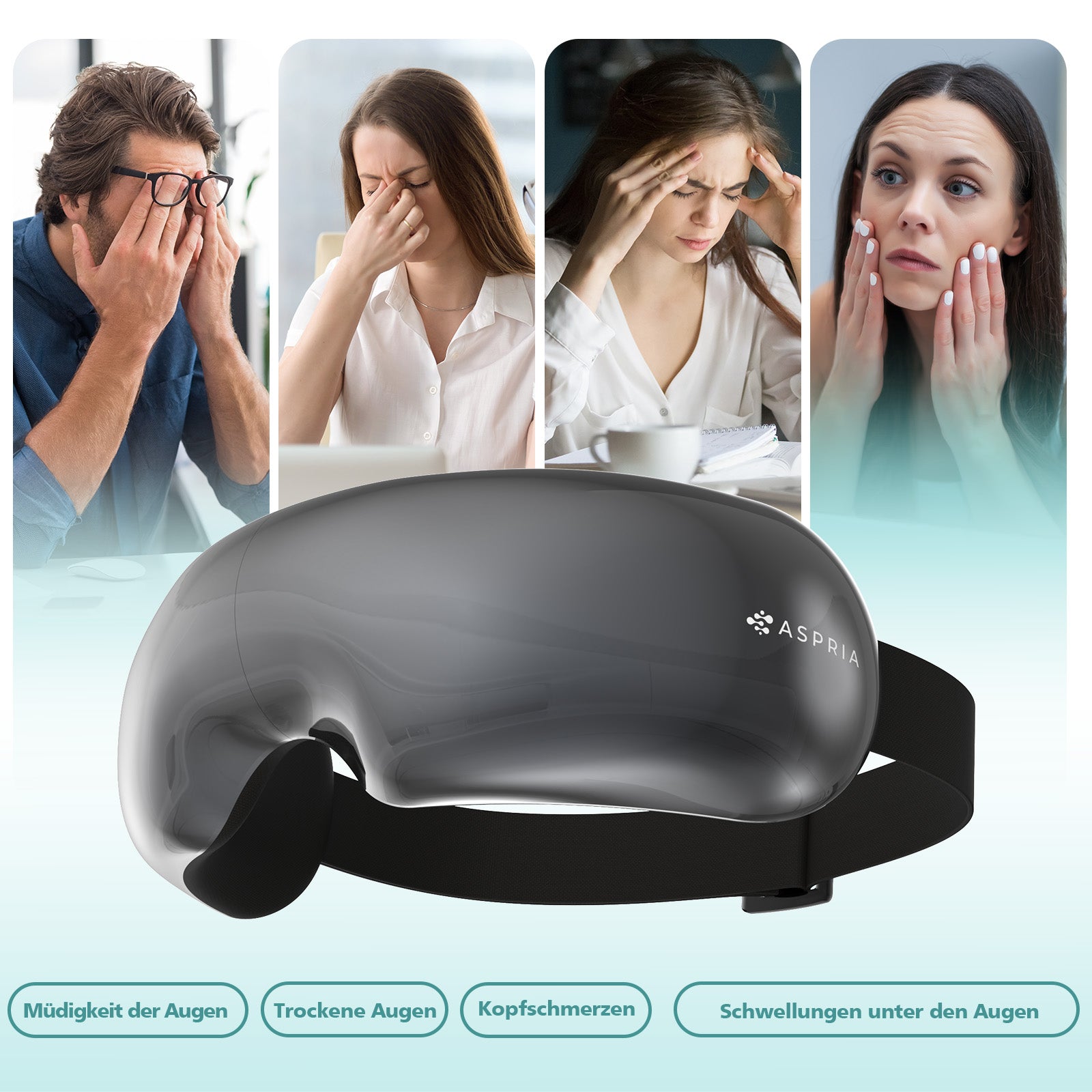 Aspria by NAIPO® Eyecloud Vision - Augenmassagegerät mit Wärme & Bluetooth-Musik, Sichtbarem Design, Luftdruckmassage, Massagesessel Erweiterung oder Standalone