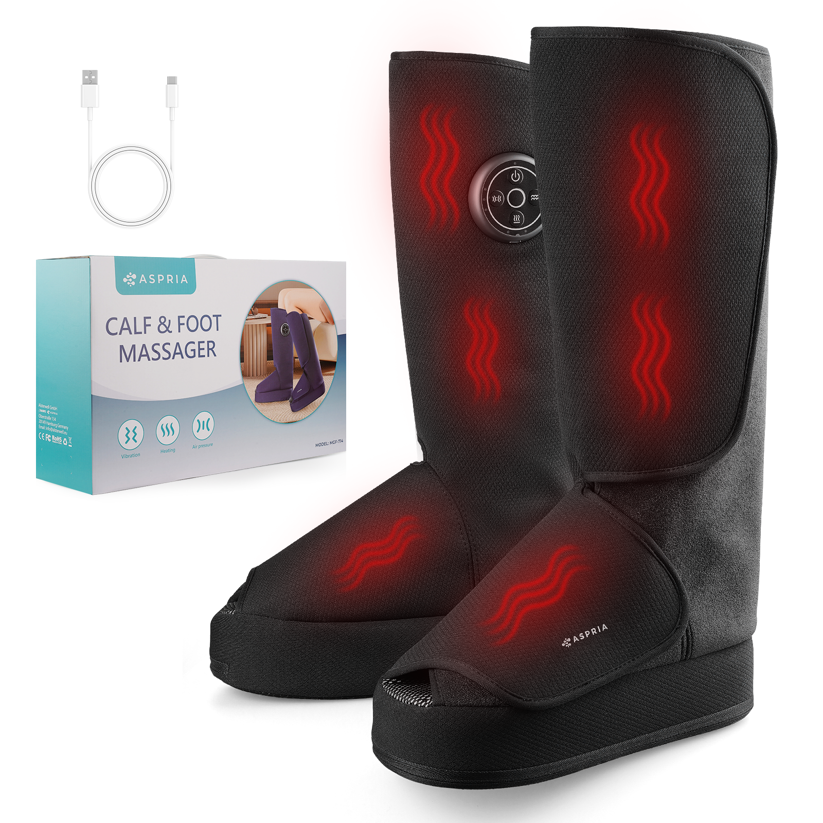 Aspria by Naipo Fußmassagegerät, 2-in-1-Waden-Fuß-Massagegerät mit Luftkompression, Vibration und Wärmetherapie, Bein-Fuß-Massage-Stiefel für geschwollene Beine, Ödeme, kabelloses Design, Blau