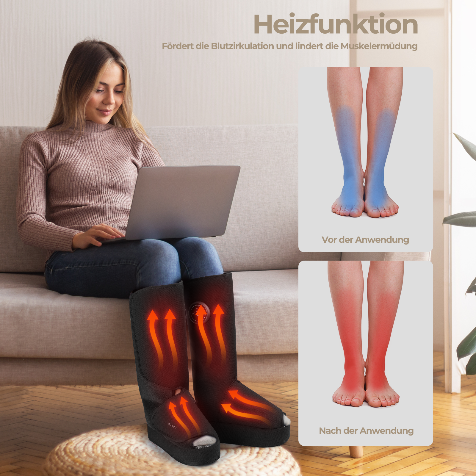 Aspria by Naipo Fußmassagegerät, 2-in-1-Waden-Fuß-Massagegerät mit Luftkompression, Vibration und Wärmetherapie, Bein-Fuß-Massage-Stiefel für geschwollene Beine, Ödeme, kabelloses Design