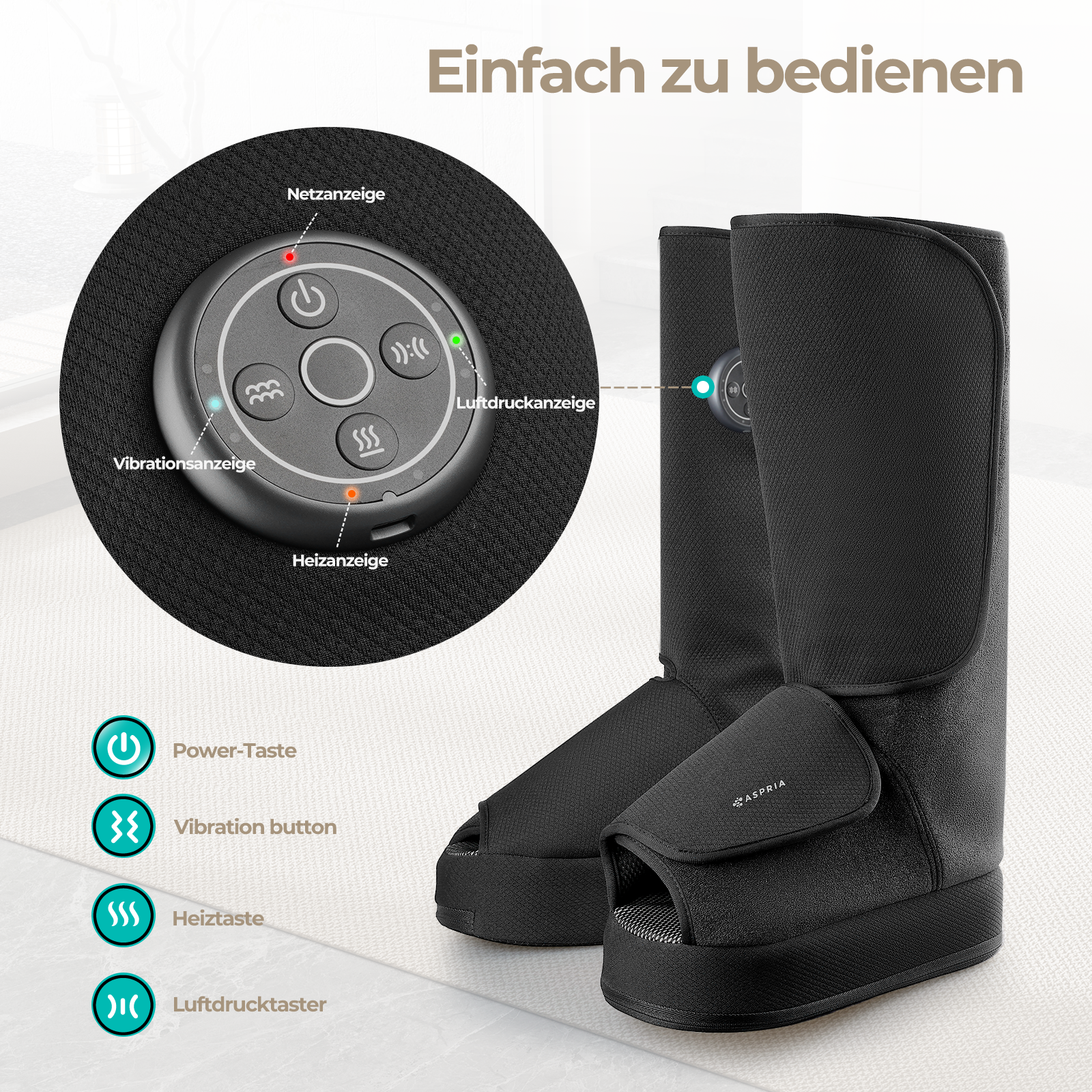 Aspria by Naipo Fußmassagegerät, 2-in-1-Waden-Fuß-Massagegerät mit Luftkompression, Vibration und Wärmetherapie, Bein-Fuß-Massage-Stiefel für geschwollene Beine, Ödeme, kabelloses Design