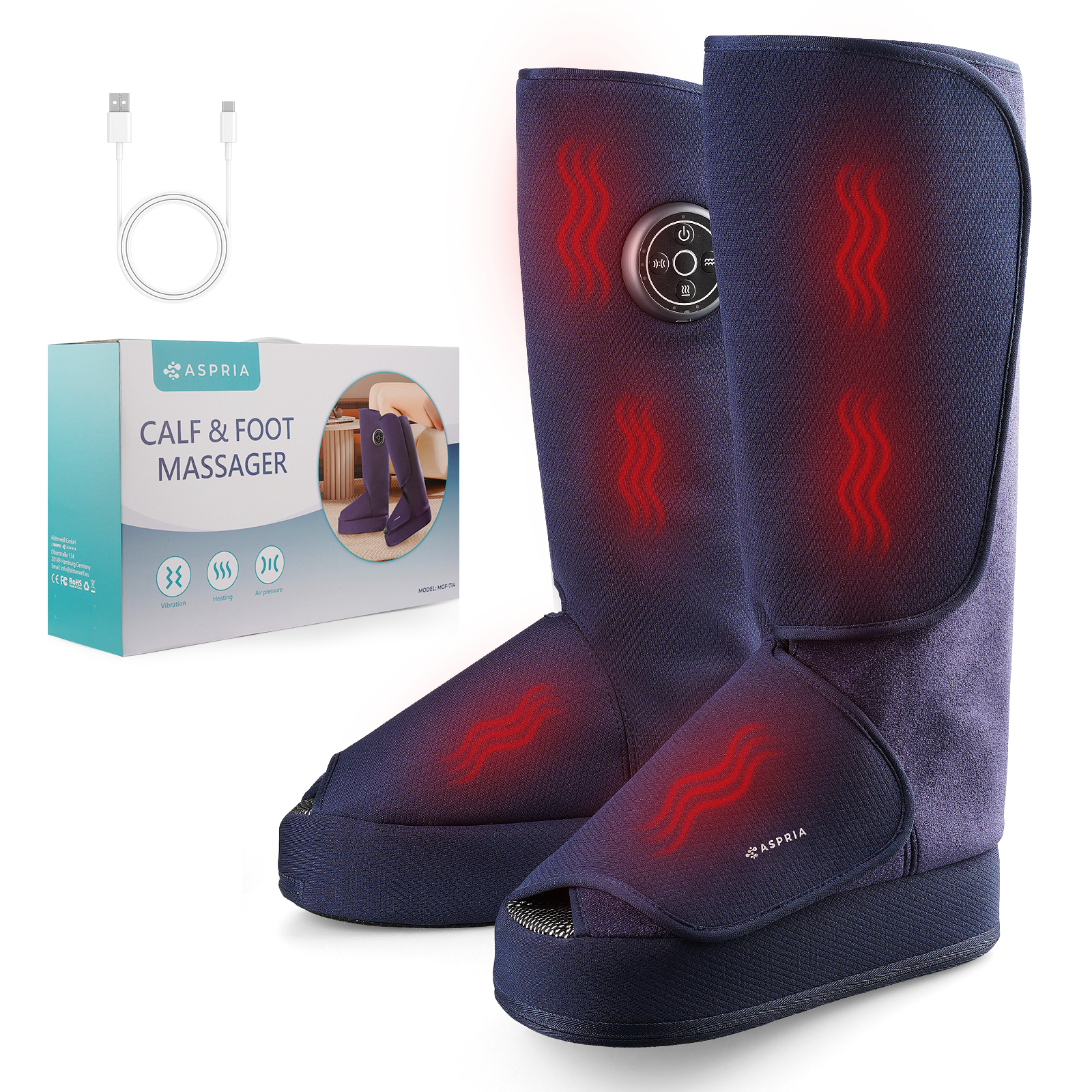 Aspria by Naipo Fußmassagegerät, 2-in-1-Waden-Fuß-Massagegerät mit Luftkompression, Vibration und Wärmetherapie, Bein-Fuß-Massage-Stiefel für geschwollene Beine, Ödeme, kabelloses Design, Blau