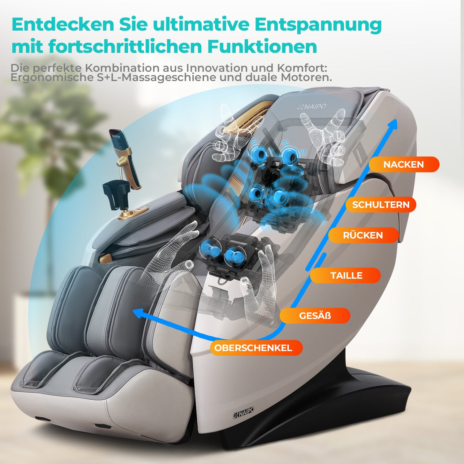 Naipo 3D Massagesessel R50 grau, High-End Massagestuhl, Wärmefuktion