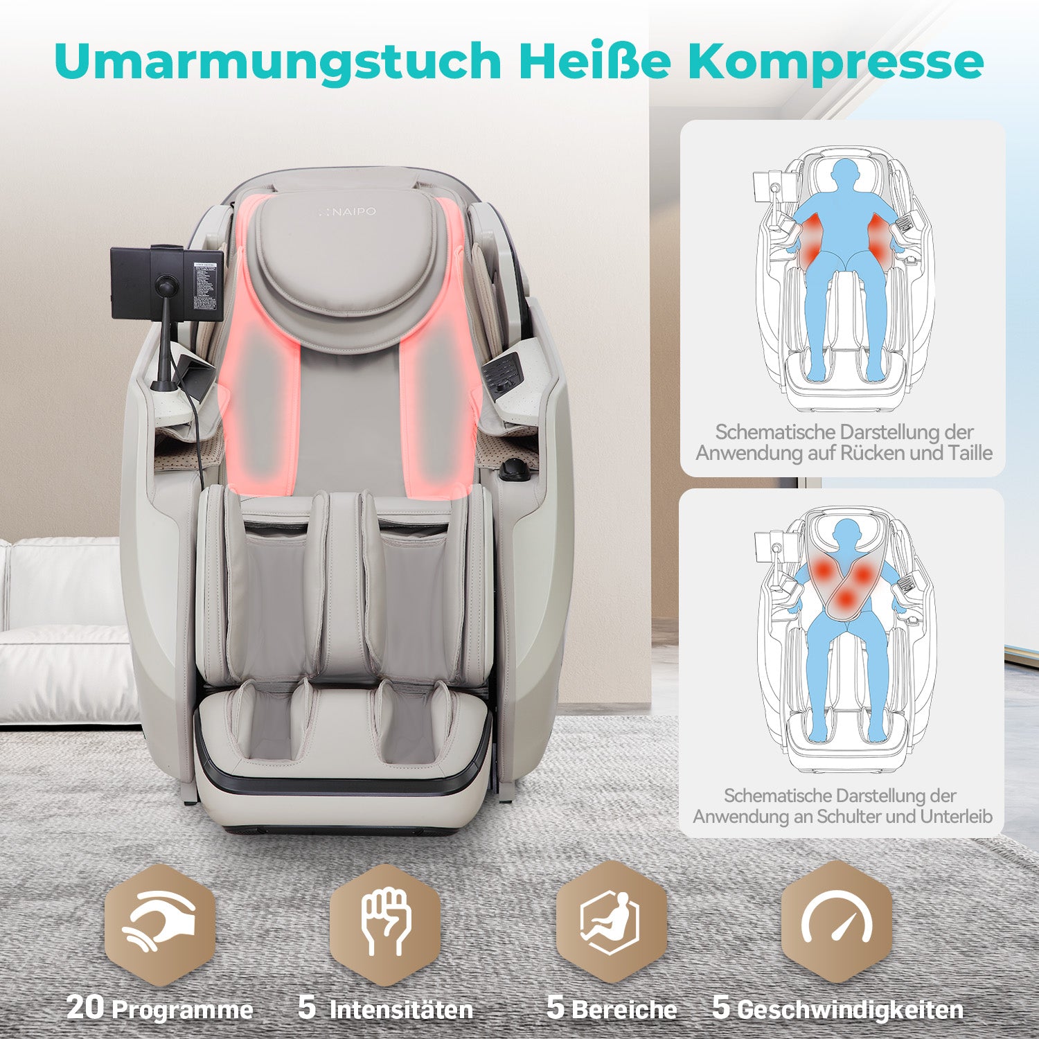 NAIPO 4D High-End Massagesessel S61 Grau, Aromatherapie, Wärmetherapie, Tablet-Steuerung