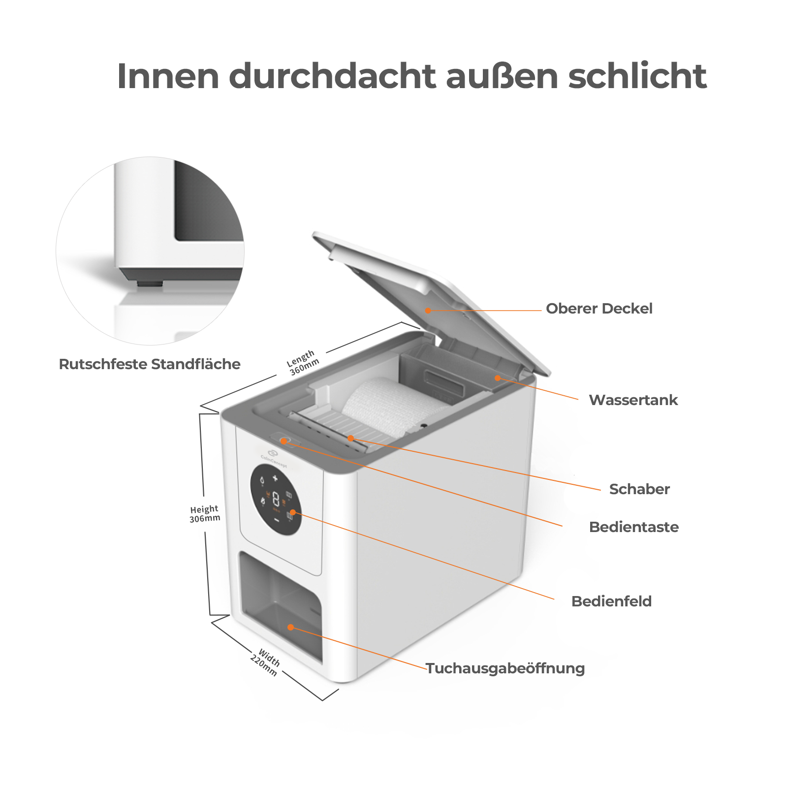 CalmConcept® Warmtuchspender Warme Feuchttücher auf Knopfdruck mit 9 Feuchtigkeitsstufen 8 Temperaturstufen und 1400 ml Wassertank, Modell Q6
