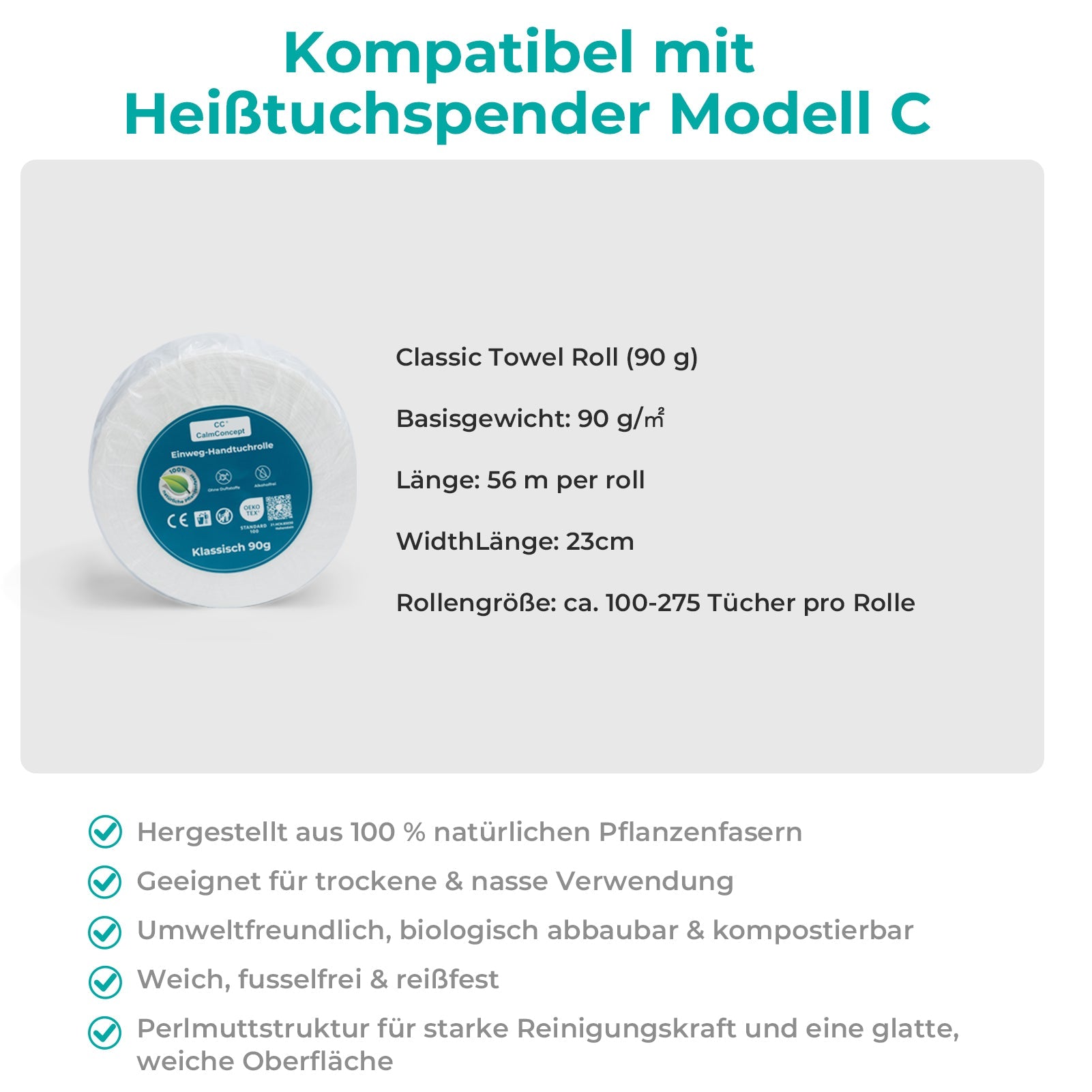 Jednorazowe ręczniki w rolce CalmConcept® 23 m, wykonane w 100% z naturalnych włókien roślinnych, o fakturze pereł 3D, miękkie, niepylące, biodegradowalne, do użytku na sucho i na mokro, do dozownika ręczników gorących model A