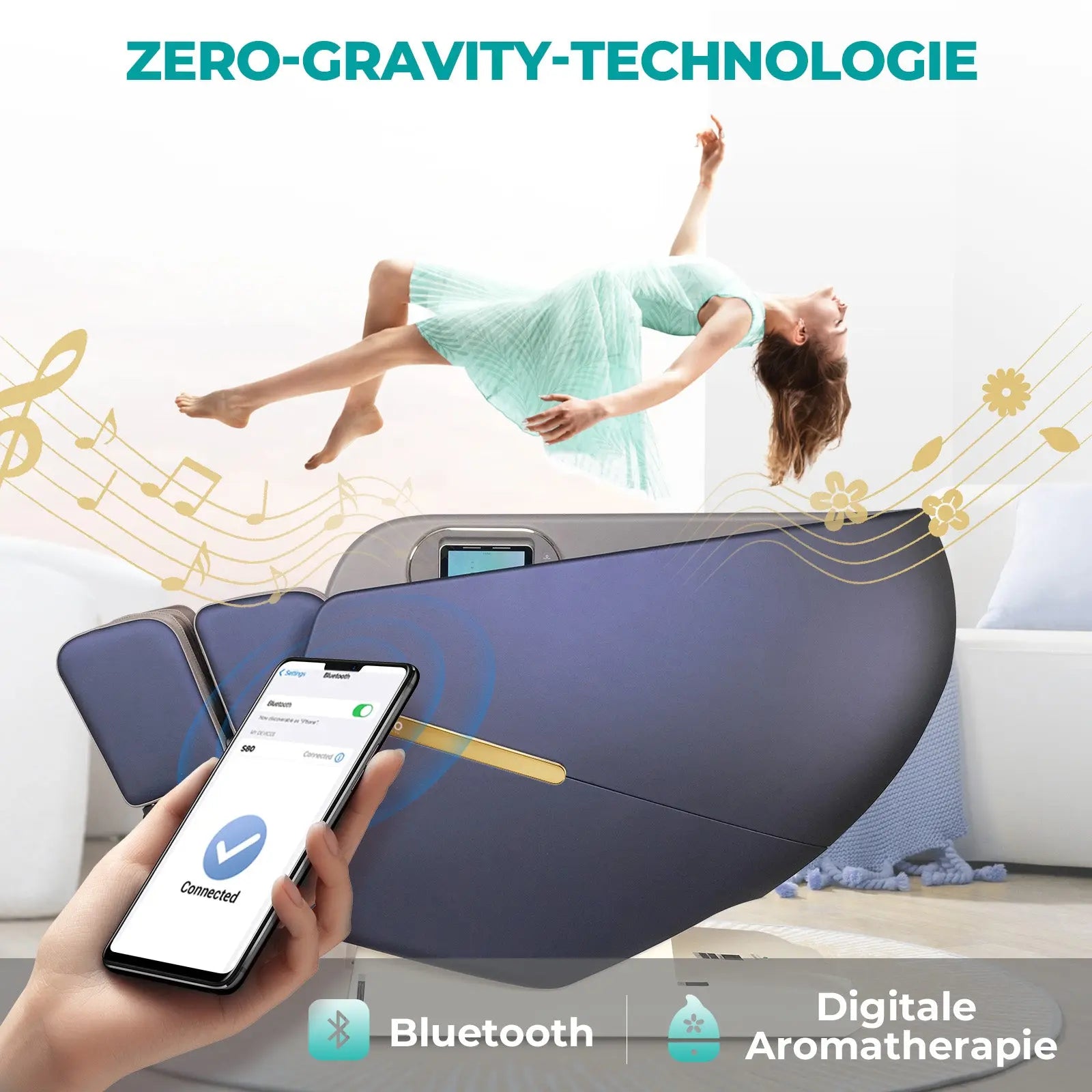 Fauteuil de massage haut de gamme NAIPO 4D, design capsule spatiale, tablette intégrée, S80 bleu