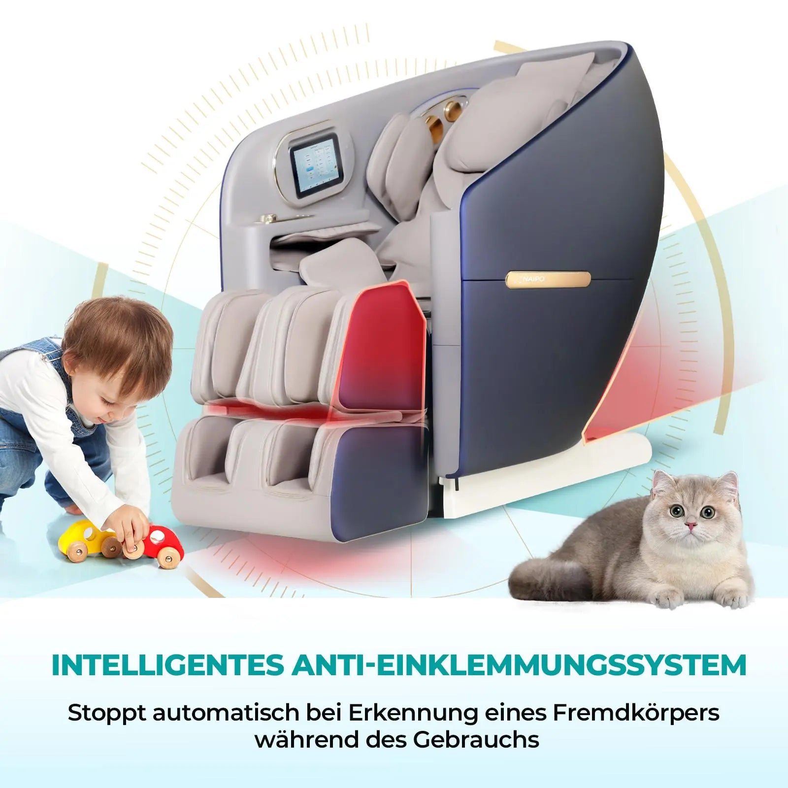 Fauteuil de massage haut de gamme NAIPO 4D, design capsule spatiale, tablette intégrée, S80 bleu