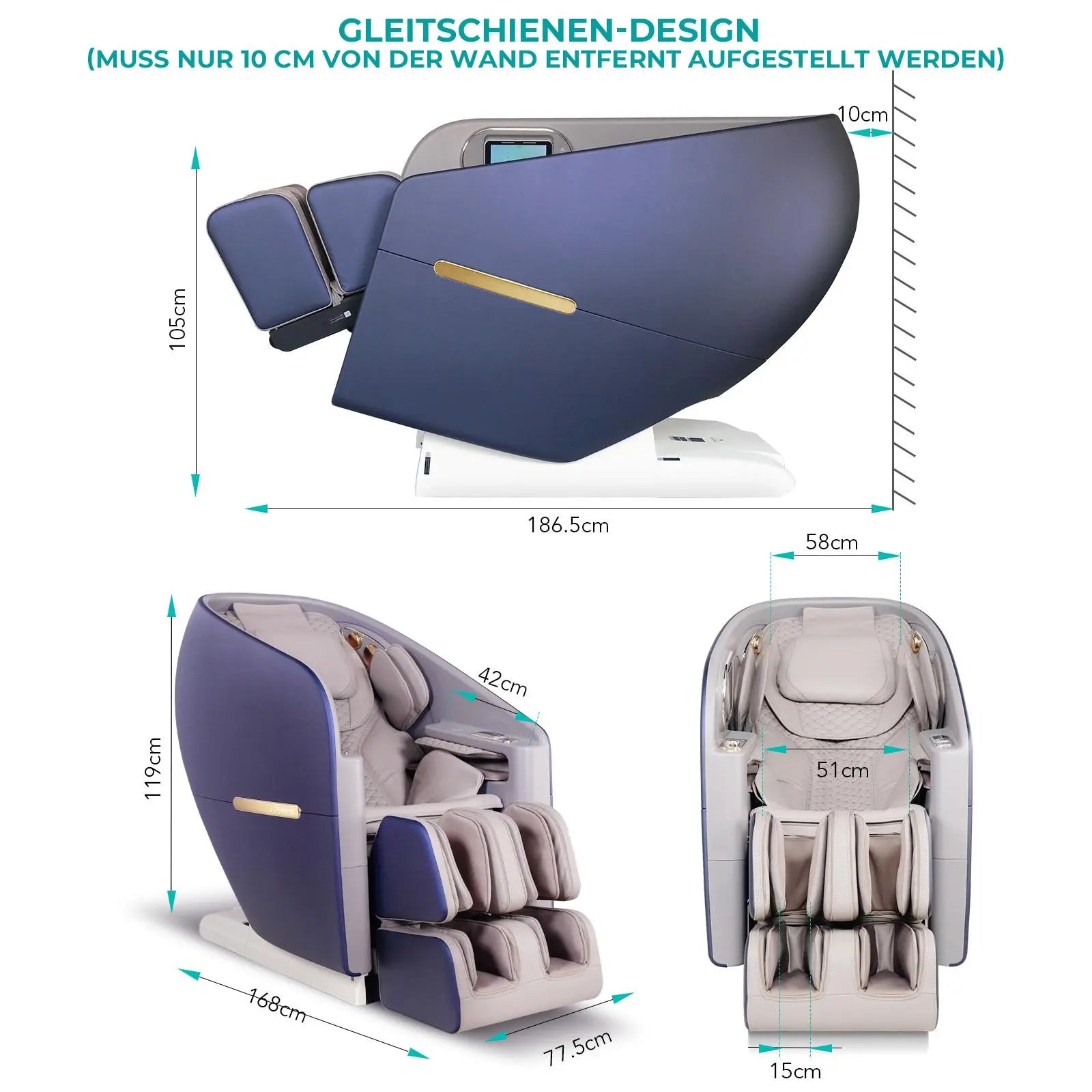 Fauteuil de massage haut de gamme NAIPO 4D, design capsule spatiale, tablette intégrée, S80 bleu