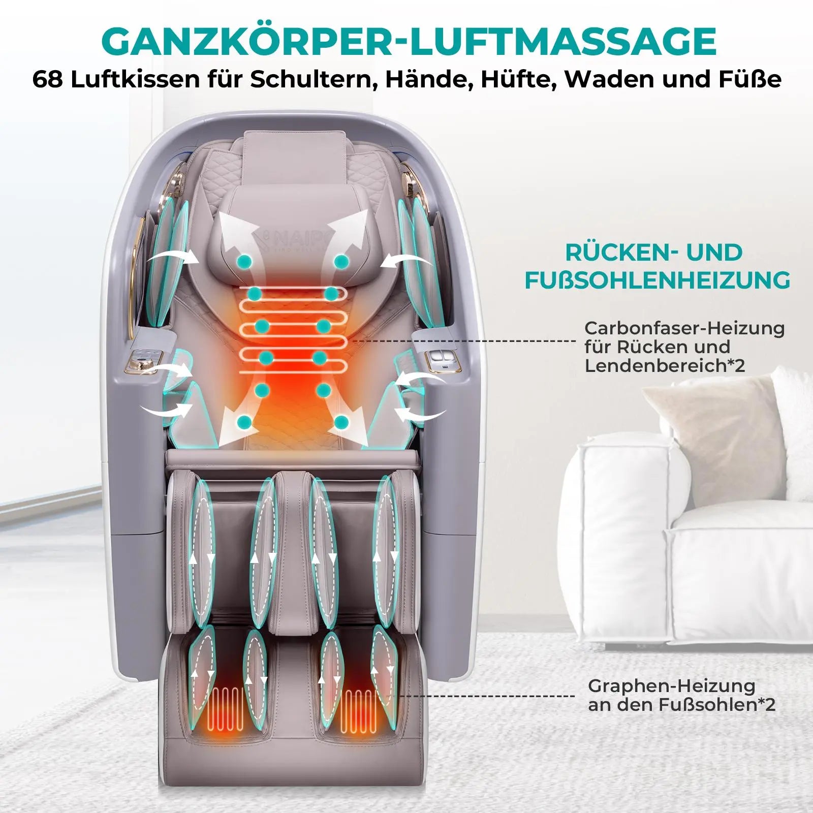 NAIPO 4D High-End Massagesessel, Raumkapsel-Design, integriertes Tablet, S80 Weiß