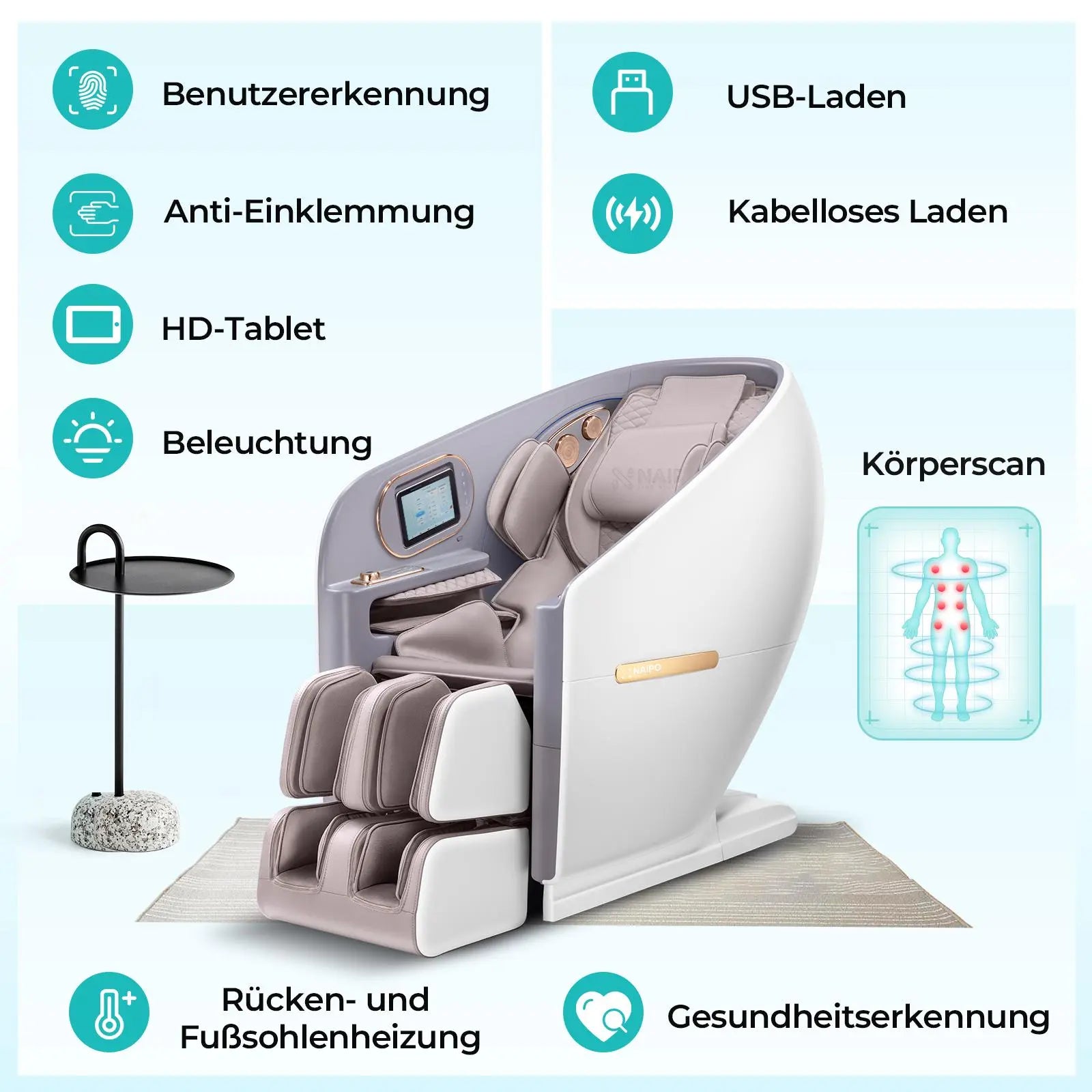 NAIPO 4D High-End Massagesessel, Raumkapsel-Design, integriertes Tablet, S80 Weiß