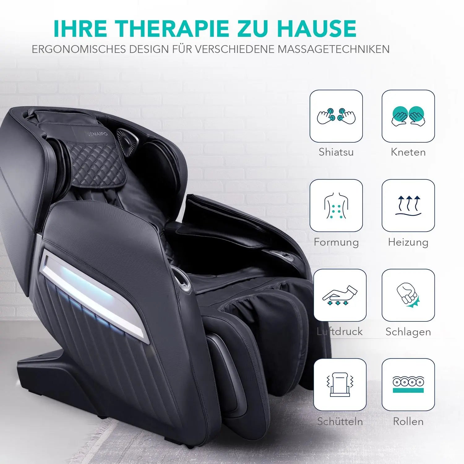 NAIPO® Shiatsu Massagesessel mit Wärmefunktion, Zero Gravity, ohne Fußteil, ideal für Gewerbe und Privat, Ambient Light