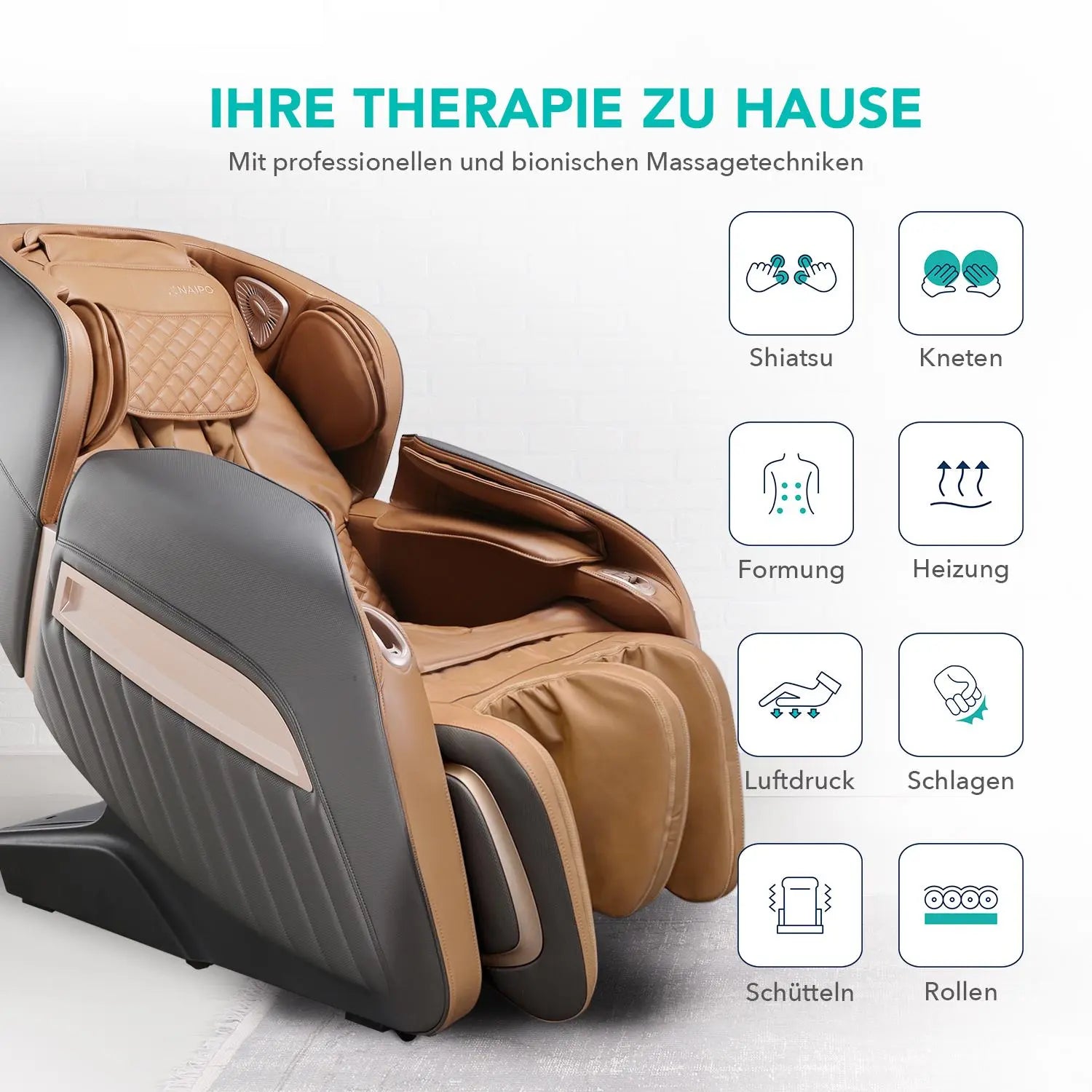 NAIPO® Shiatsu Massagesessel mit Wärmefunktion, Zero Gravity, ohne Fußteil, ideal für Gewerbe und Privat, Ambient Light