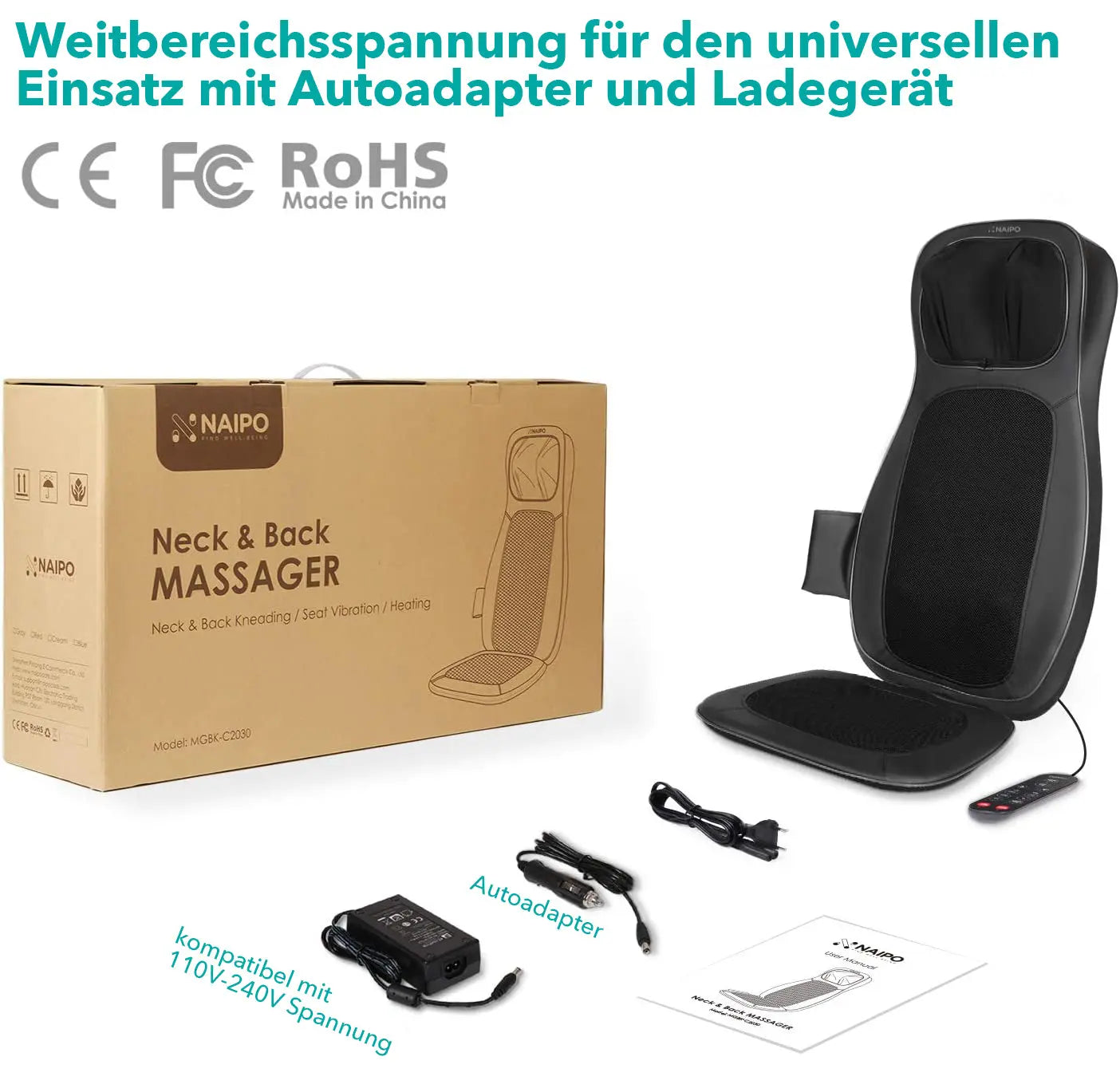 NAIPO Massageauflage Shiatsu ,Massagesitzauflage Rückenmassagegerät mit Wärmefunktion