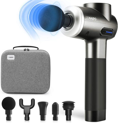 NAIPO® Pro - pistolet de massage, intensité réglable, avec 5 accessoires pour le cou, les épaules, le dos